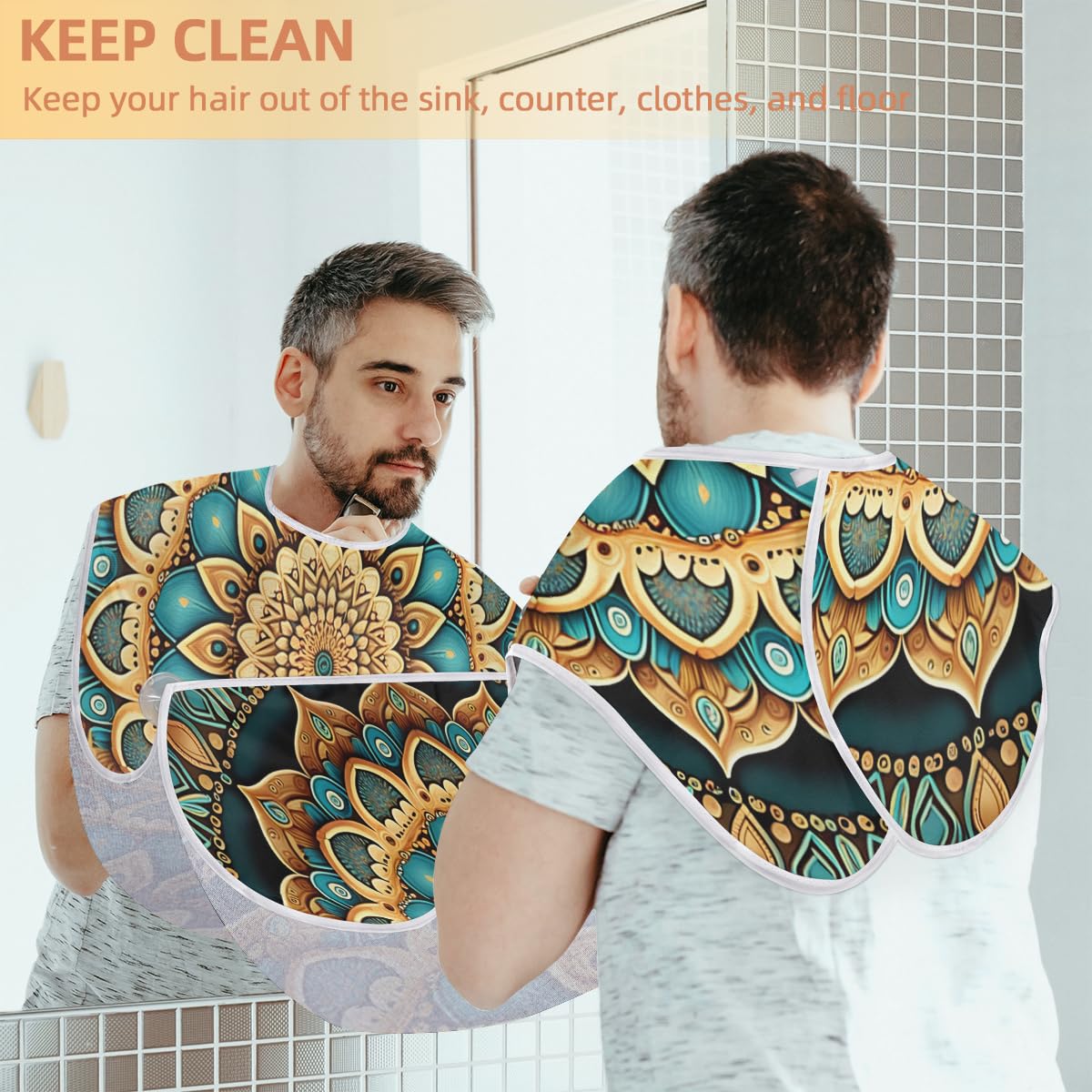 Mandala Seamless Pattern Beard Shaving Bib for Men - Waterproof Hair Dye Apron for Barber & Makeup Artists - Sink Hair Catcher for Beard Trimming & Haircut - Perfect Salon & Home Grooming Accessory (Great Gift for Barbers & Stylists)