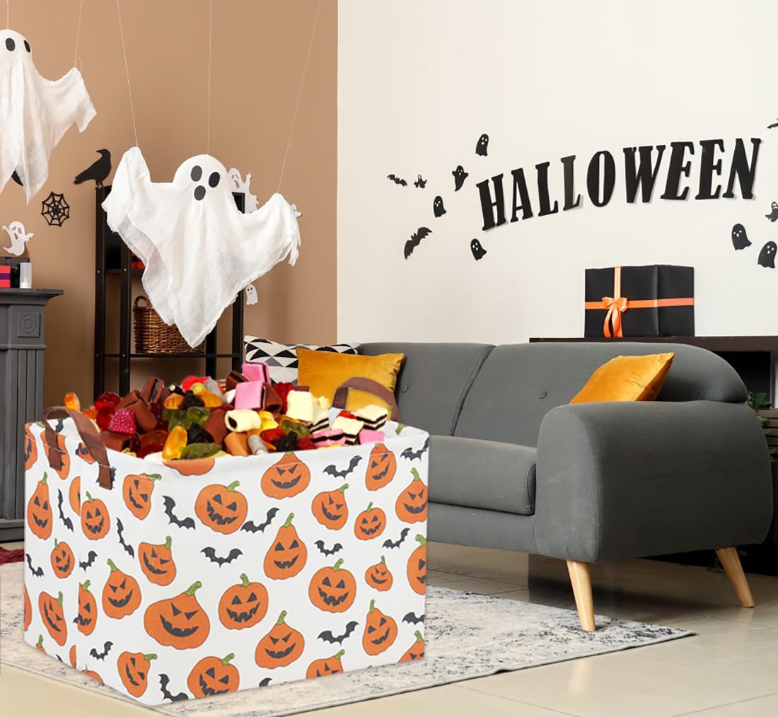 Halloween Pumpkin Basket for Kids - Cute Rectangular Toy Storage Bin & Organizer Box - Perfect for Halloween Parties, Room Decor, and Trick-or-Treating