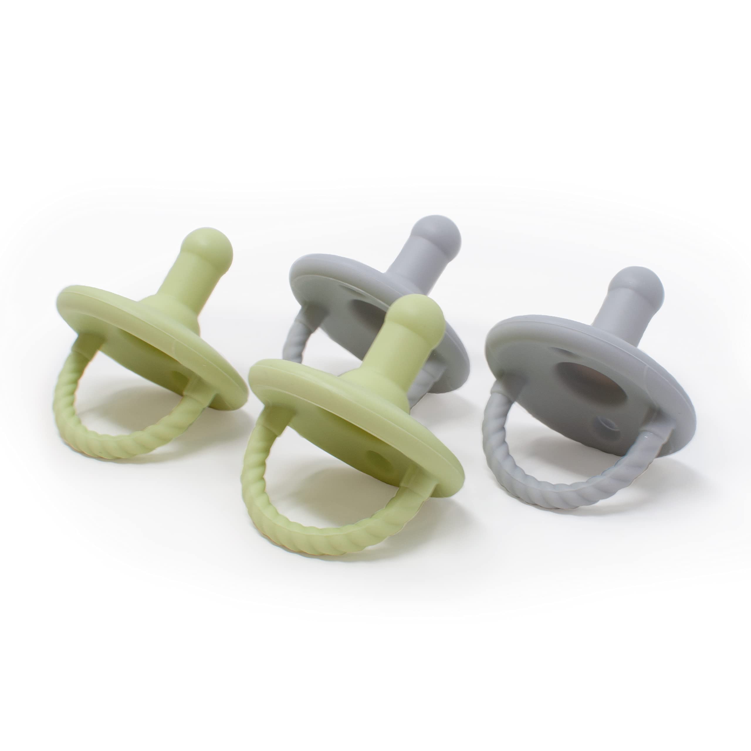 4 Pack Silicone Baby Pacifiers with Handle & Safety Airholes - Newborn Soother Set for Breastfed Babies | BPA-Free, Soft & Safe | Perfect for Daycare, Travel & Sleep (Green & Grey) - o1baby