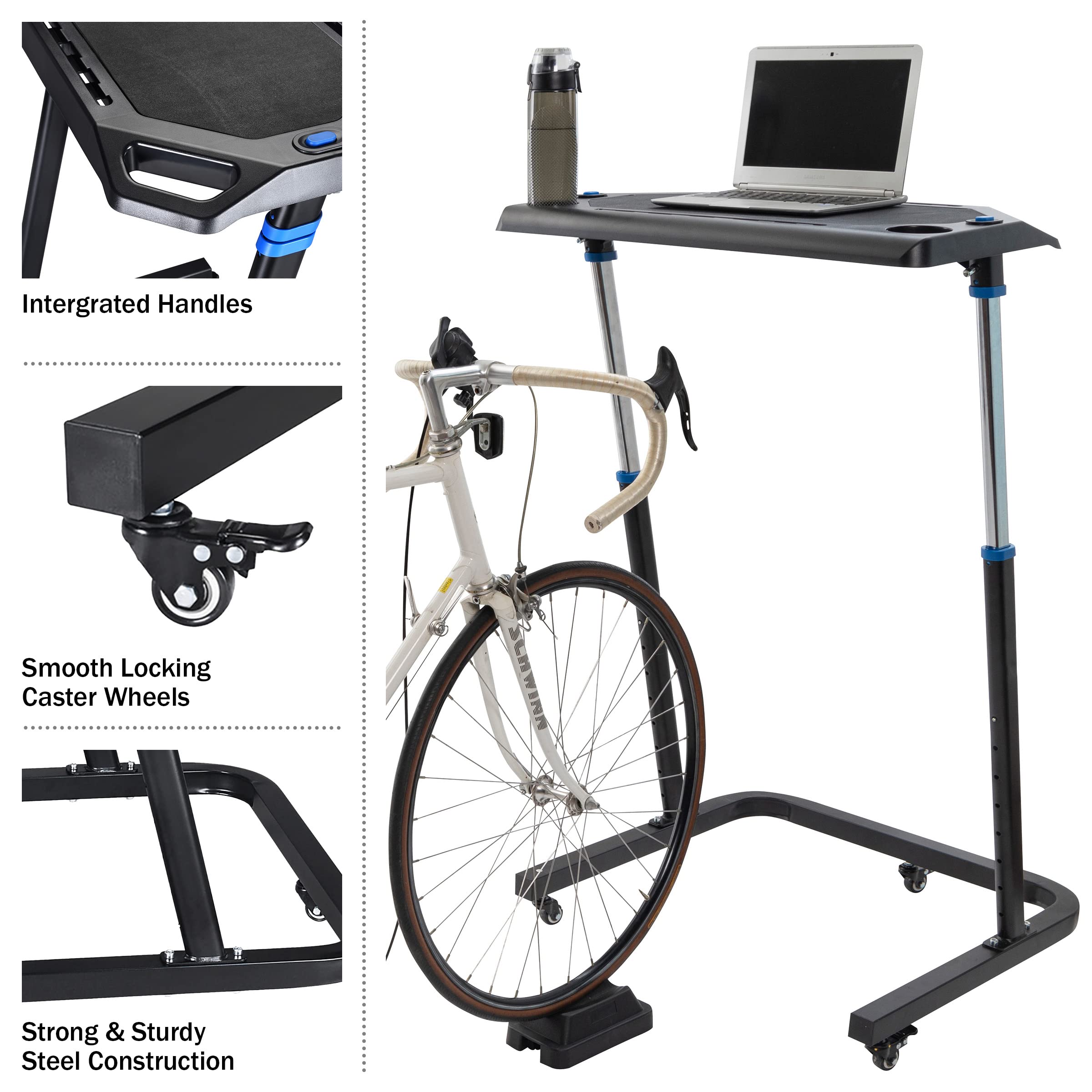 Adjustable Bike Desk - Rolling Laptop Stand for Stationary Bike or Trainer - Workout While Working or Watching TV - Standing Desk for Home Office & Gym - Perfect for Multitasking & Fitness Enthusiasts