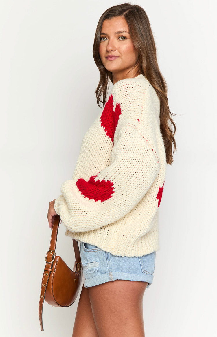 Chandi Cream Heart Chunky Knit Sweater for Women - Cozy Oversized Winter Pullover with Heart Design - Perfect for Christmas, Valentine's Day & Casual Outings