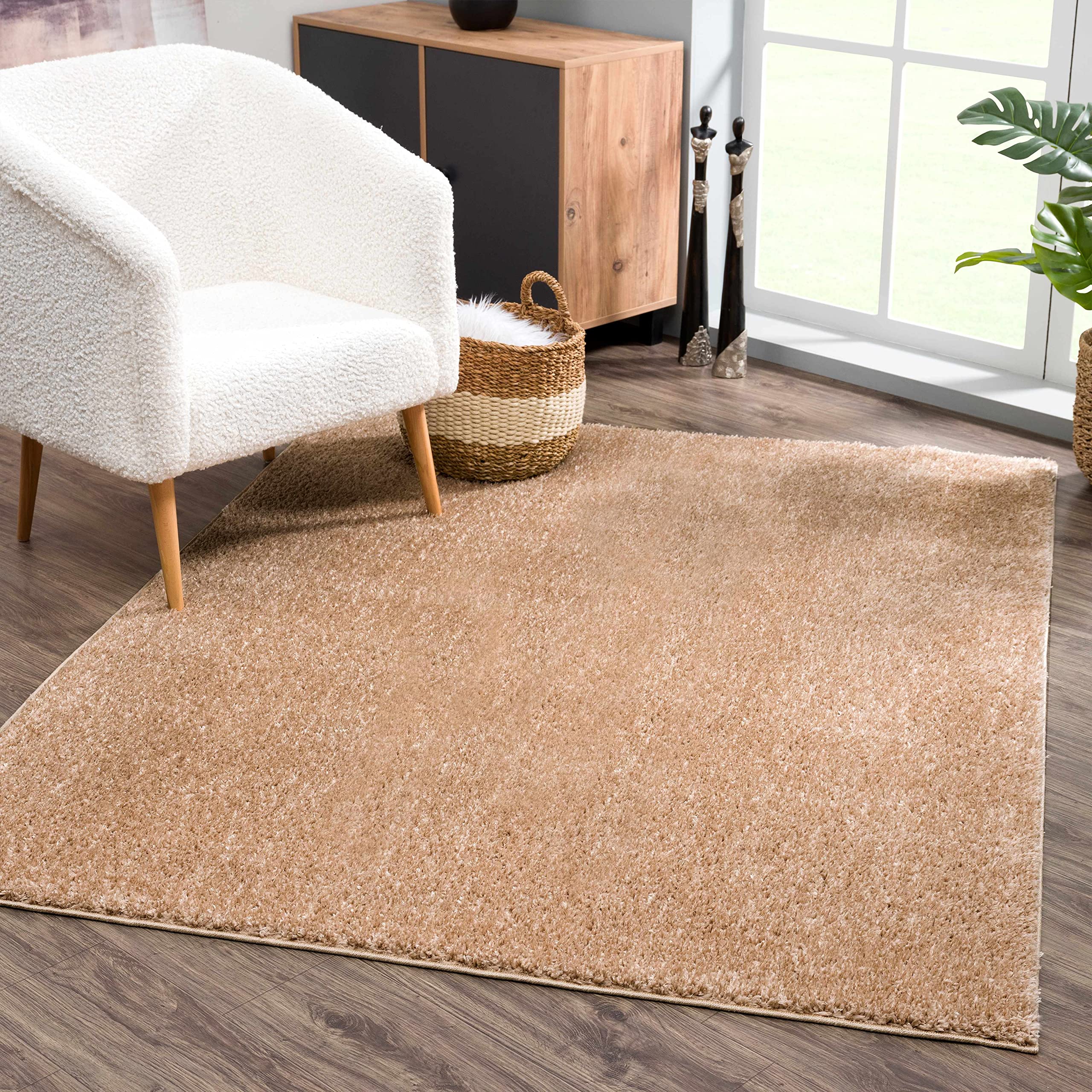 Hauteloom Judy Machine Washable Solid Shag Rug - Soft Fluffy Plush High Pile Area Carpet for Living Room, Bedroom, Nursery - Blush & Brown - 6'7