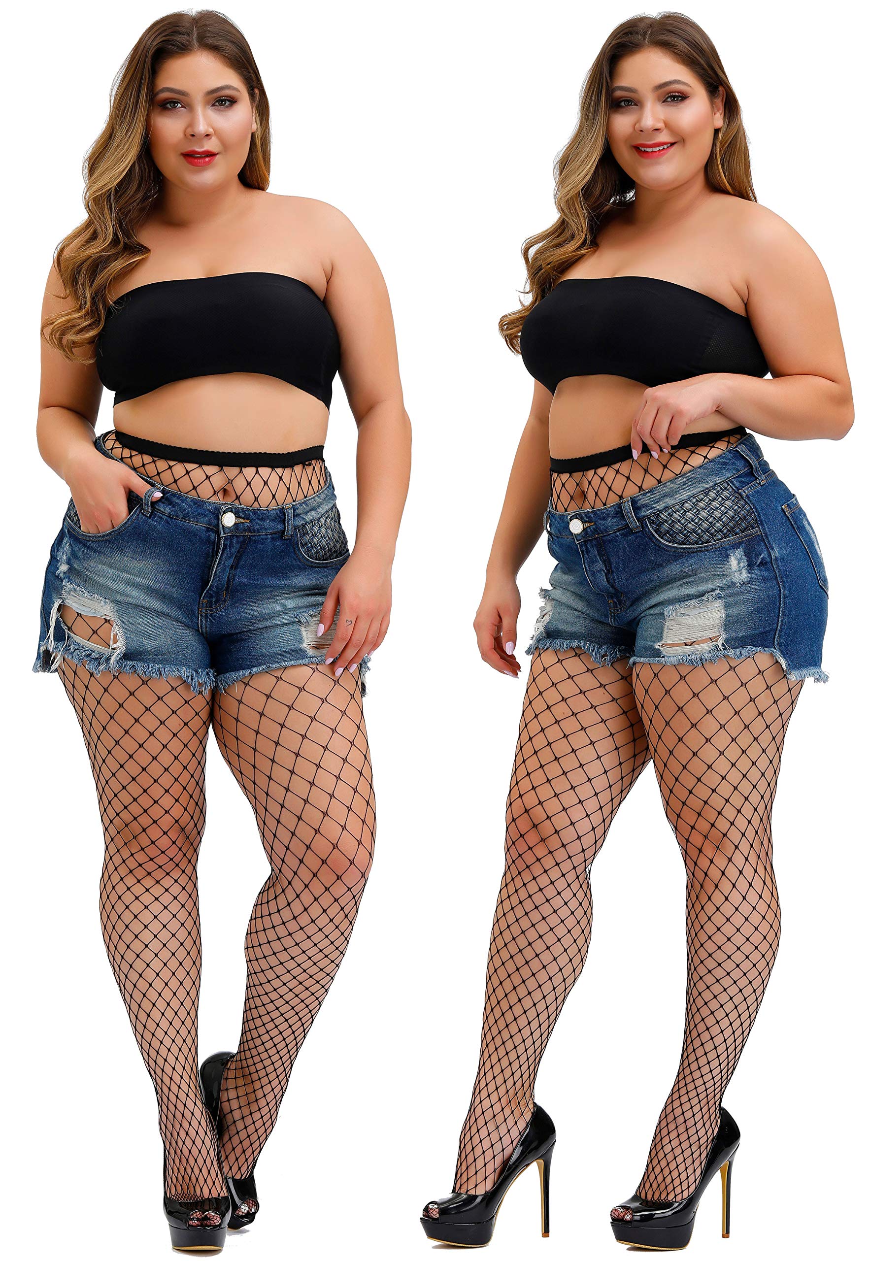 TGD Women's Fishnet Stockings - Sexy Tights Pantyhose, Plus Size Thigh High Stockings (2 Pairs) for Party, Cosplay & Night Out