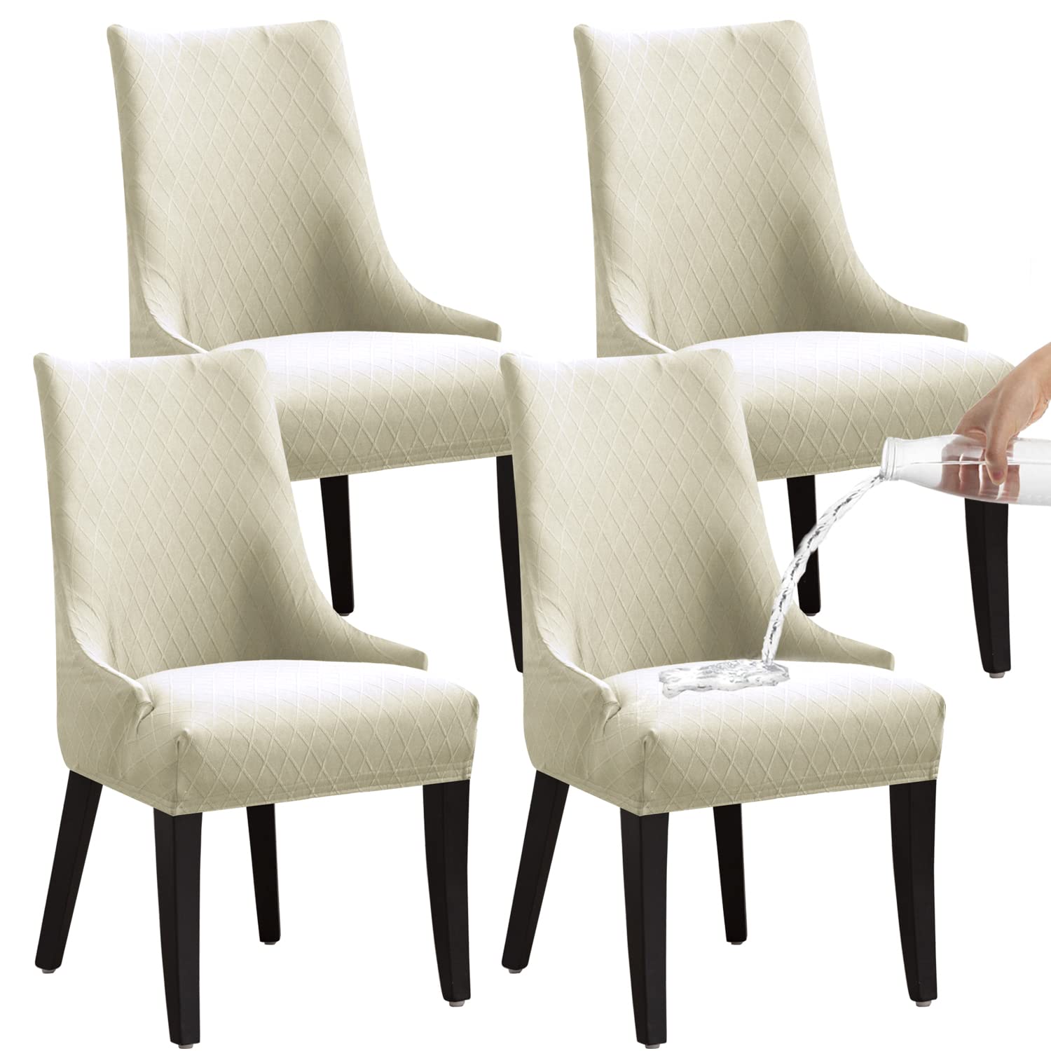 KELUINA Stretch Rhombic Geometric Wingback Chair Slipcovers - Washable & Reusable Armchair Protector Set of 4 for Dining Room, Living Room (Beige) | Perfect for Home Decor, Furniture Protection & Easy Cleaning