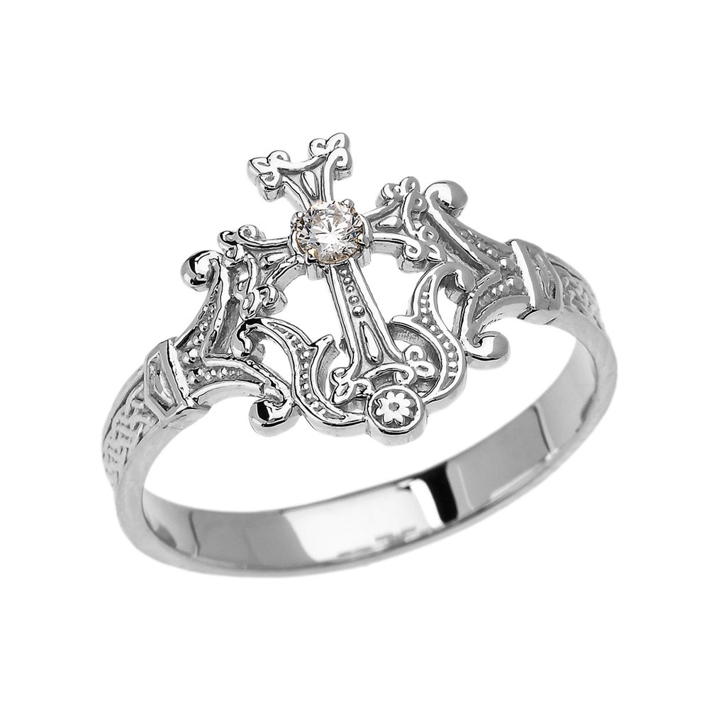 14K White Gold Solitaire Diamond Orthodox Cross Ring with Armenian Knot Design - Elegant Religious Jewelry for Women - Perfect for Baptism, Wedding & Spiritual Gifts