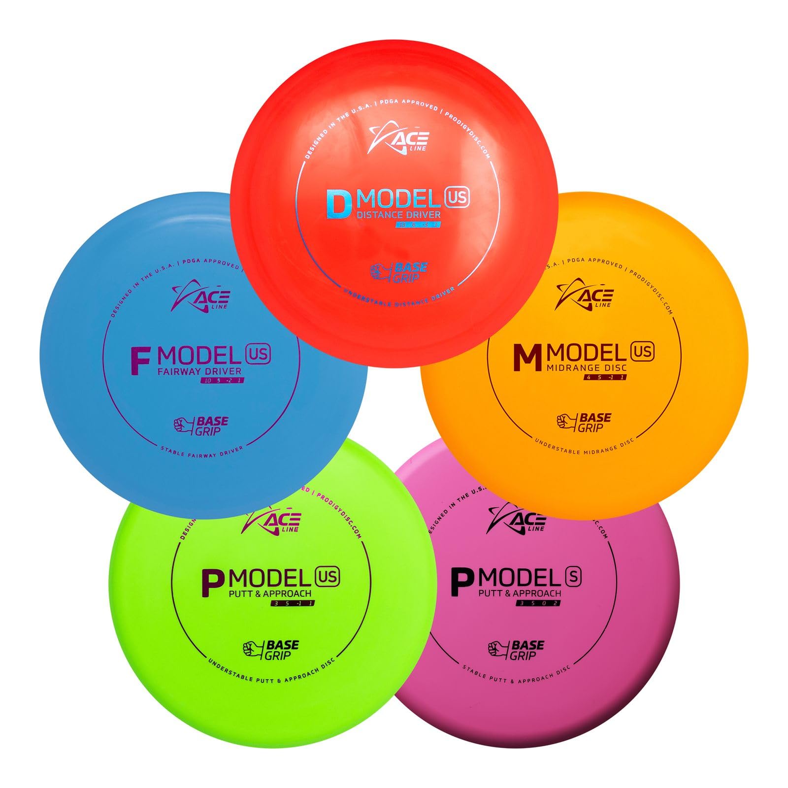 Prodigy Disc Basegrip 5 Disc Golf Beginner Set - Complete Starter Kit with 2 Putters, 1 Midrange & 2 Drivers | Perfect for New Players & Outdoor Sports Enthusiasts | Great for Backyard Practice, Park Games & Disc Golf Tournaments