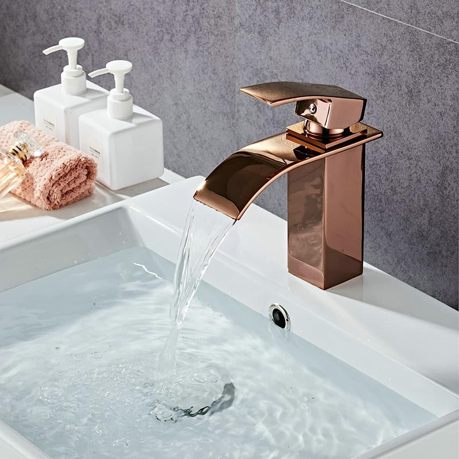 DEKIKA Single Hole Bathroom Sink Faucet - Wide Mouth Waterfall Basin Faucet with Single Handle Hot and Cold Water Mixer - Brass Washbasin Faucet in Rose Gold - Perfect for Modern Vanities, Powder Rooms, and Luxury Bathrooms