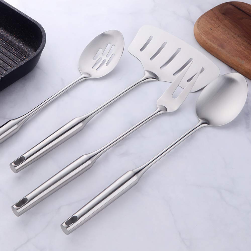 Premium 18/8 Stainless Steel Kitchen Utensil Set - 10 Piece Long Handle Cooking Tools for Nonstick Cookware (Silver) | Ideal for Sauteing, Frying, Baking & Everyday Cooking