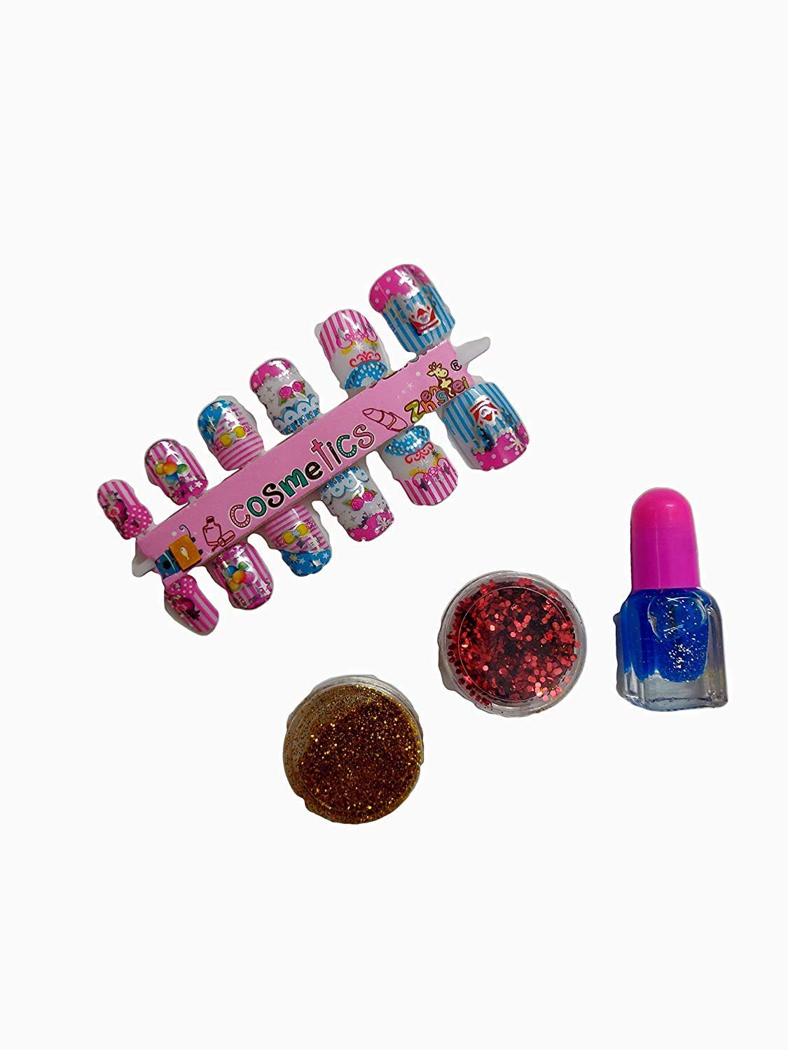 2 Pcs Kids Nail Art & Eyeshadow Kit with 12 Fake Nails, Glitter & Tools - Home Salon Set for Girls Birthday Gifts, DIY Manicure & Makeup Play (Random Cute Designs) - Perfect for Parties, Sleepovers & Pretend Play