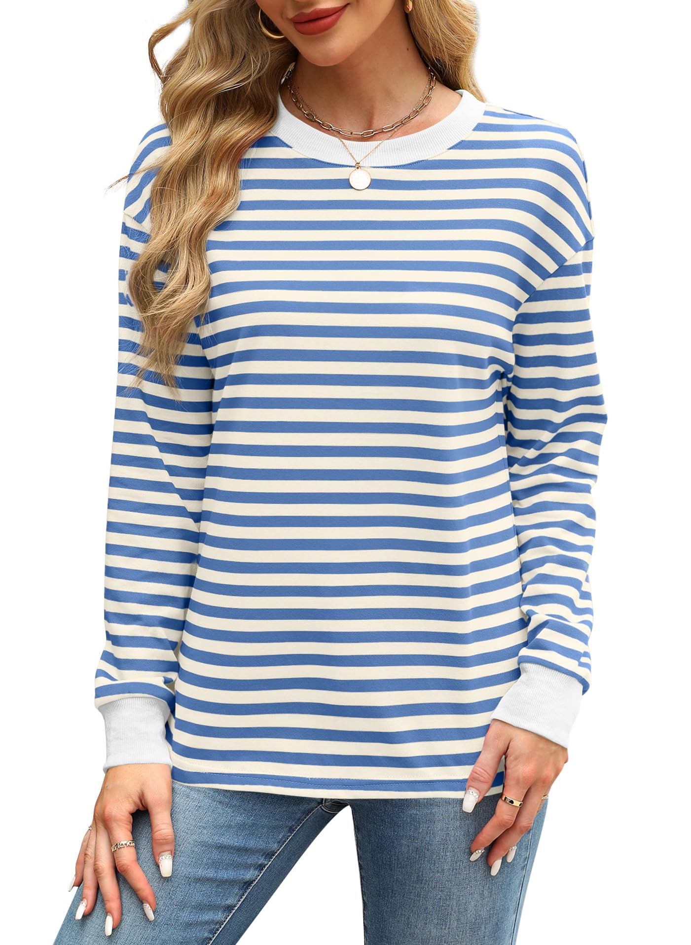 WIHOLL Women's Long Sleeve Striped Tunic Top - Crewneck Casual Blouse for Work, Office & Everyday Wear | Comfortable Stretch Shirt for Fall & Winter Outfits