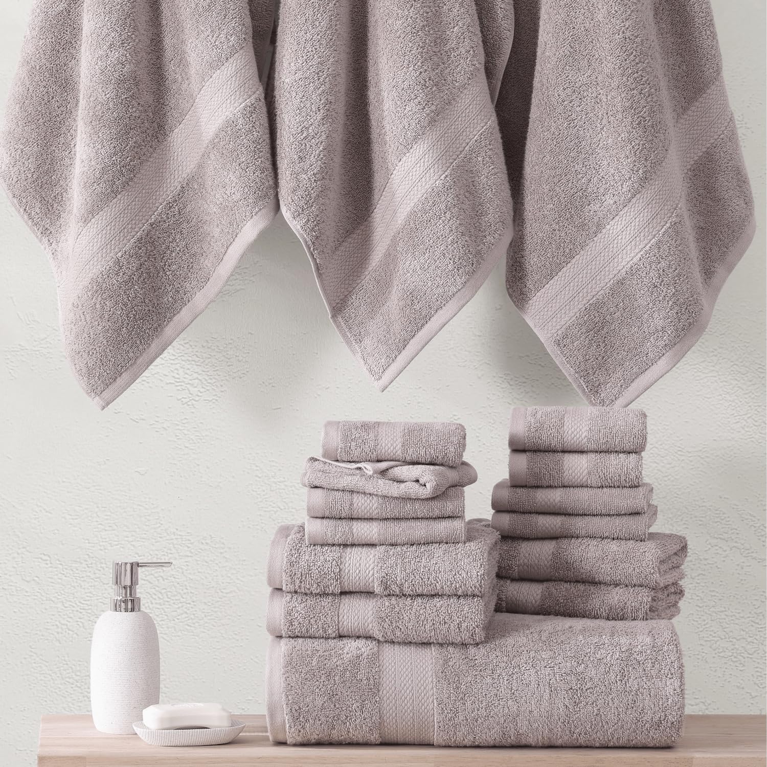 Luxury 16-Piece Bath Towel Set - 100% Premium Cotton, Ultra Absorbent Bathroom Towels, Soft Face & Hand Towels (4 Bath, 4 Hand, 8 Washcloths) - Platinum - Perfect for Spa, Hotel & Home Bathroom Luxury