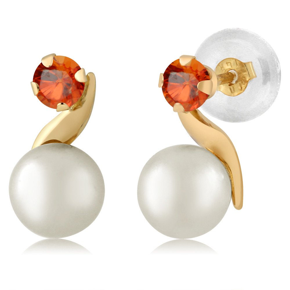 14K Yellow Gold 5MM Cultured Freshwater Pearl & 3MM Round Birthstone Gemstone Earrings for Women | Elegant Dangle Earrings for Weddings, Anniversaries & Special Occasions