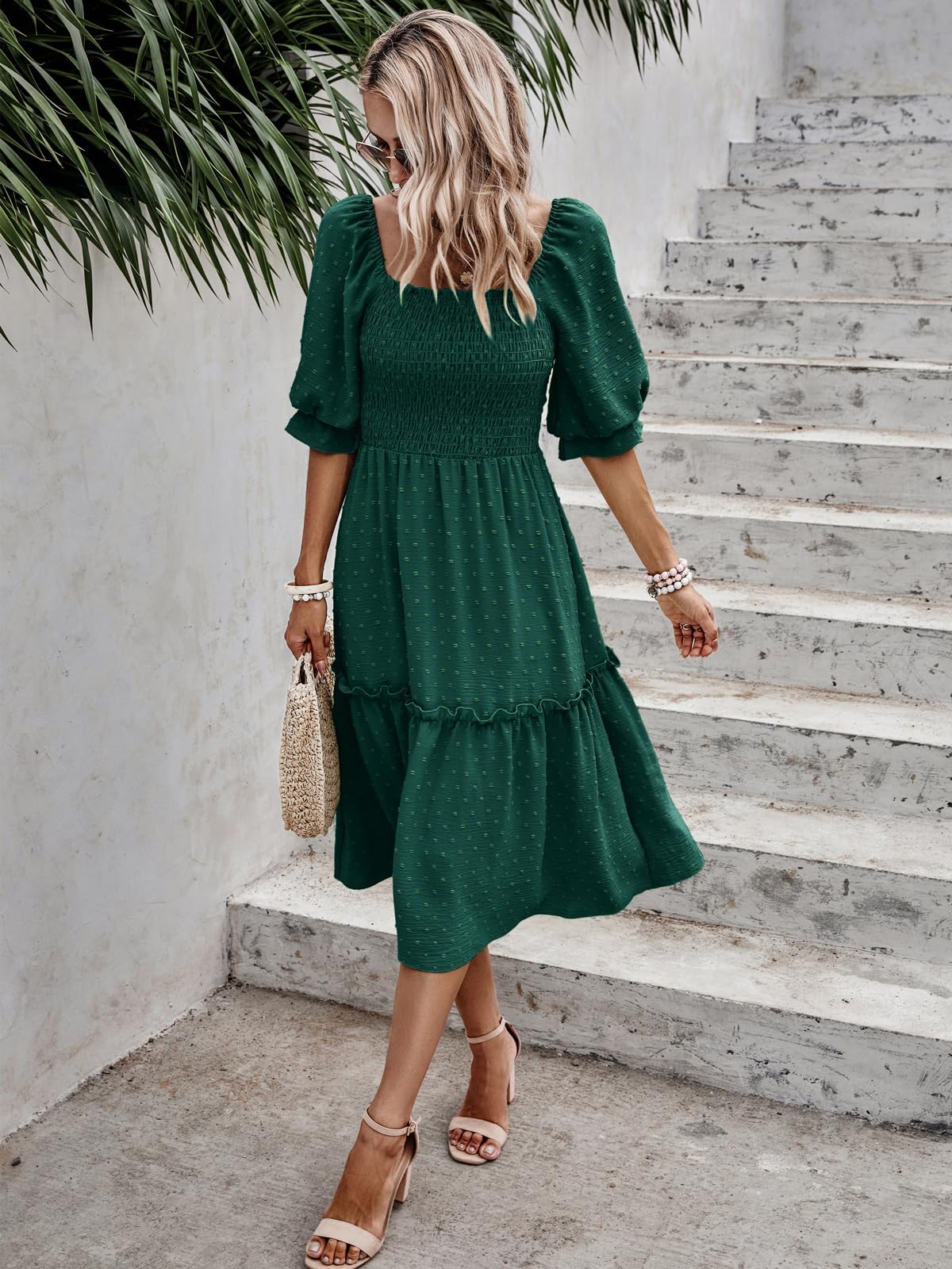 PRETTYGARDEN Women's Summer Casual Dress 2025 - Puff Sleeve Square Neck A-line Flowy Boho Floral Smocked Midi Dress for Beach Vacation, Garden Party & Date Night