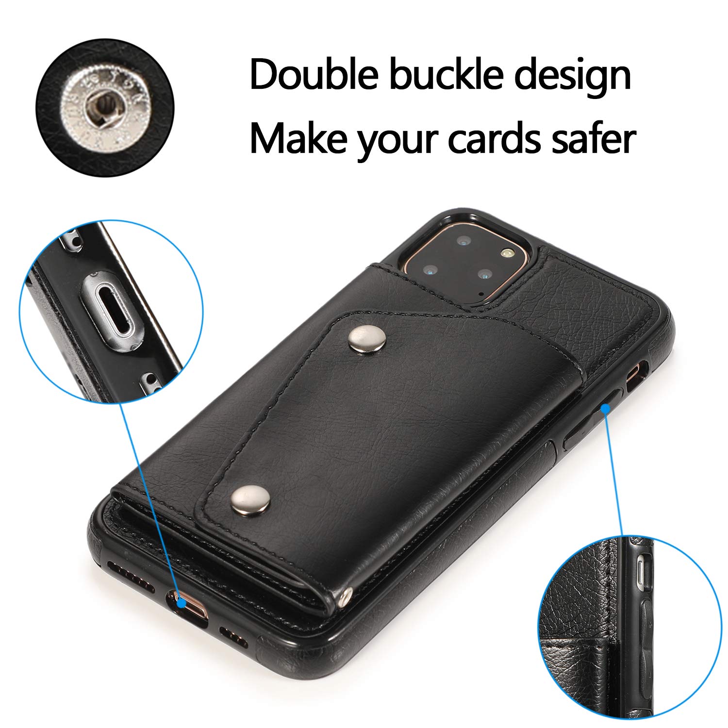 Premium PU Leather Wallet Case for iPhone 11 Pro Max - Card Holder with Neck Strap, Crossbody Chain & Wrist Strap | Protective Cover with Credit Card Slots | Perfect for Travel, Shopping & Everyday Use (Black)