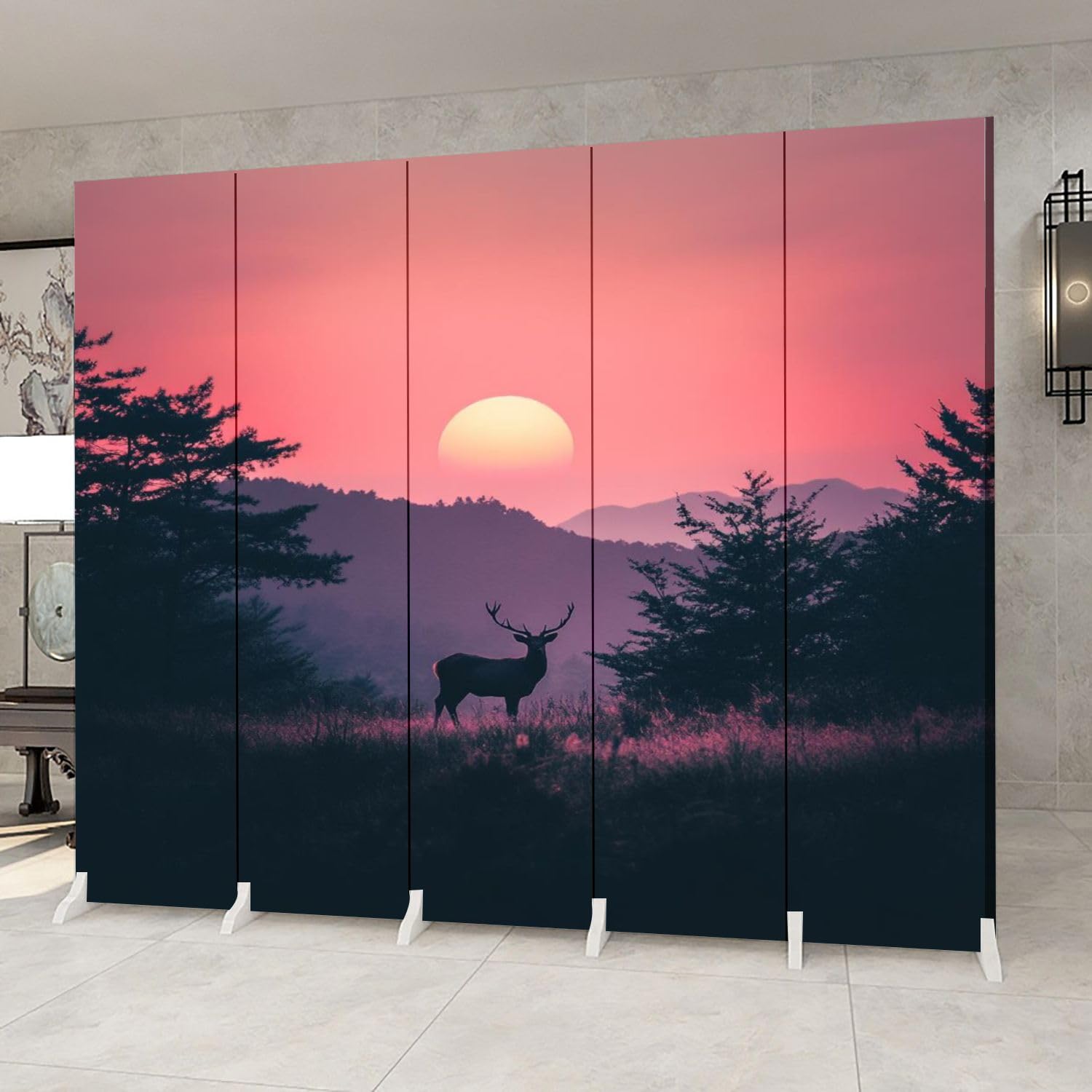 5-Panel Folding Room Divider with Deer Silhouette - Nature Inspired Canvas Screen for Home & Office - Freestanding Privacy Partition for Living Room, Bedroom, Yoga Studio & Workspace