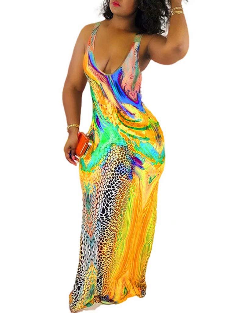 Women's Sexy Vintage Floral & Stripe Tie-Dye Sundress - Sleeveless Boho Maxi Dress for Beach, Summer & Casual Wear | Bodycon Long Dress for Parties, Vacations & Date Nights