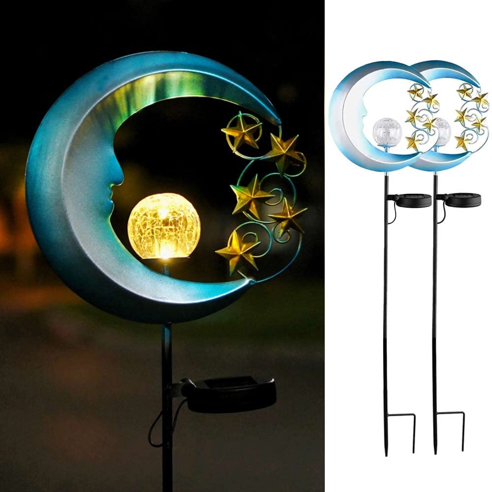 Solar Powered Moon Lights Outdoor - Waterproof Crackle Glass Ball Garden Lights with Golden Stars - Pathway Stakes for Lawn, Patio, Yard Decor - 2 Pack Blue - Perfect for Romantic Nights, Garden Parties & Landscape Lighting