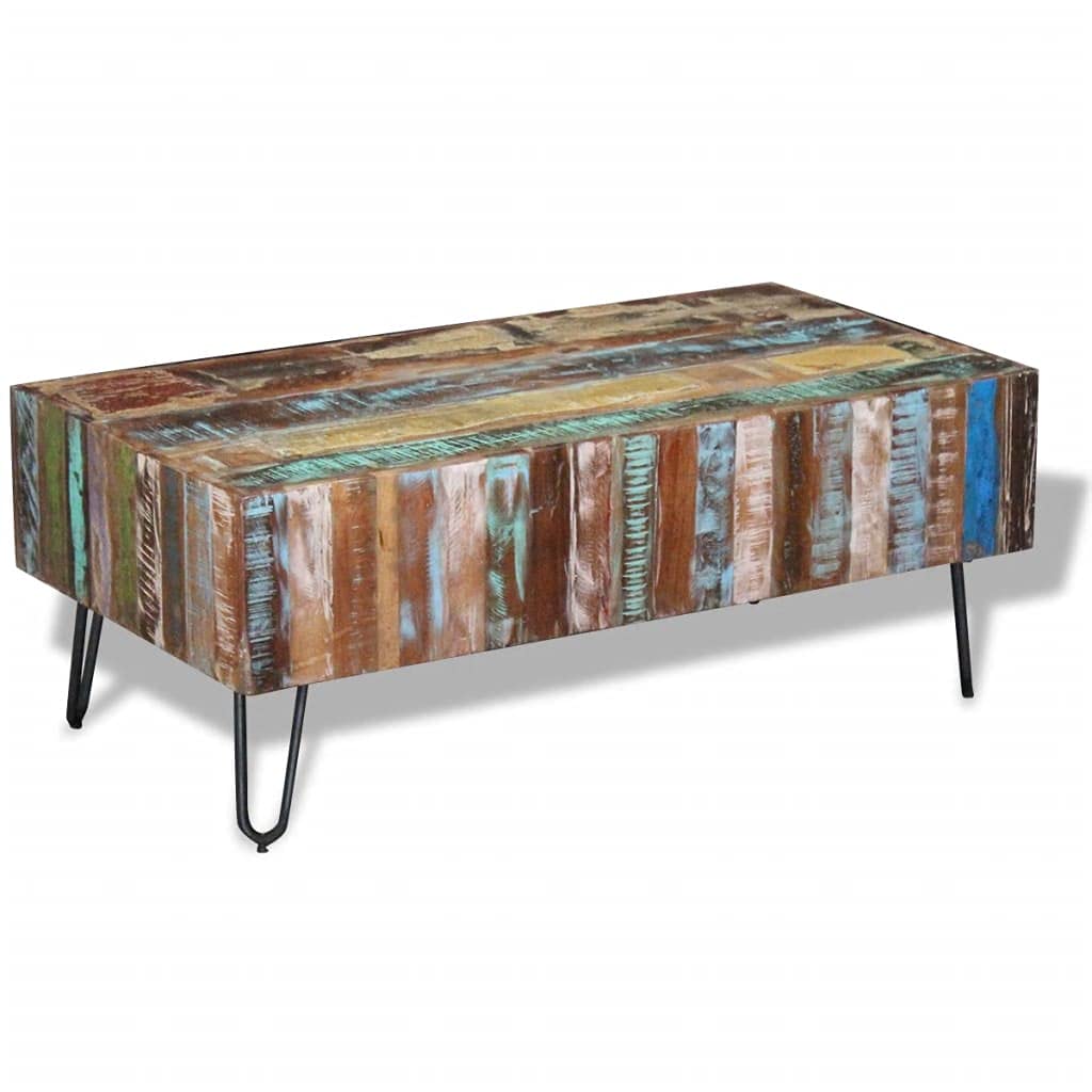 Rustic Farmhouse Coffee Table - Reclaimed Wood Slatted Top with Sturdy Metal Legs, Rectangular Sofa Side Table for Living Room, Lounge & Home Decor