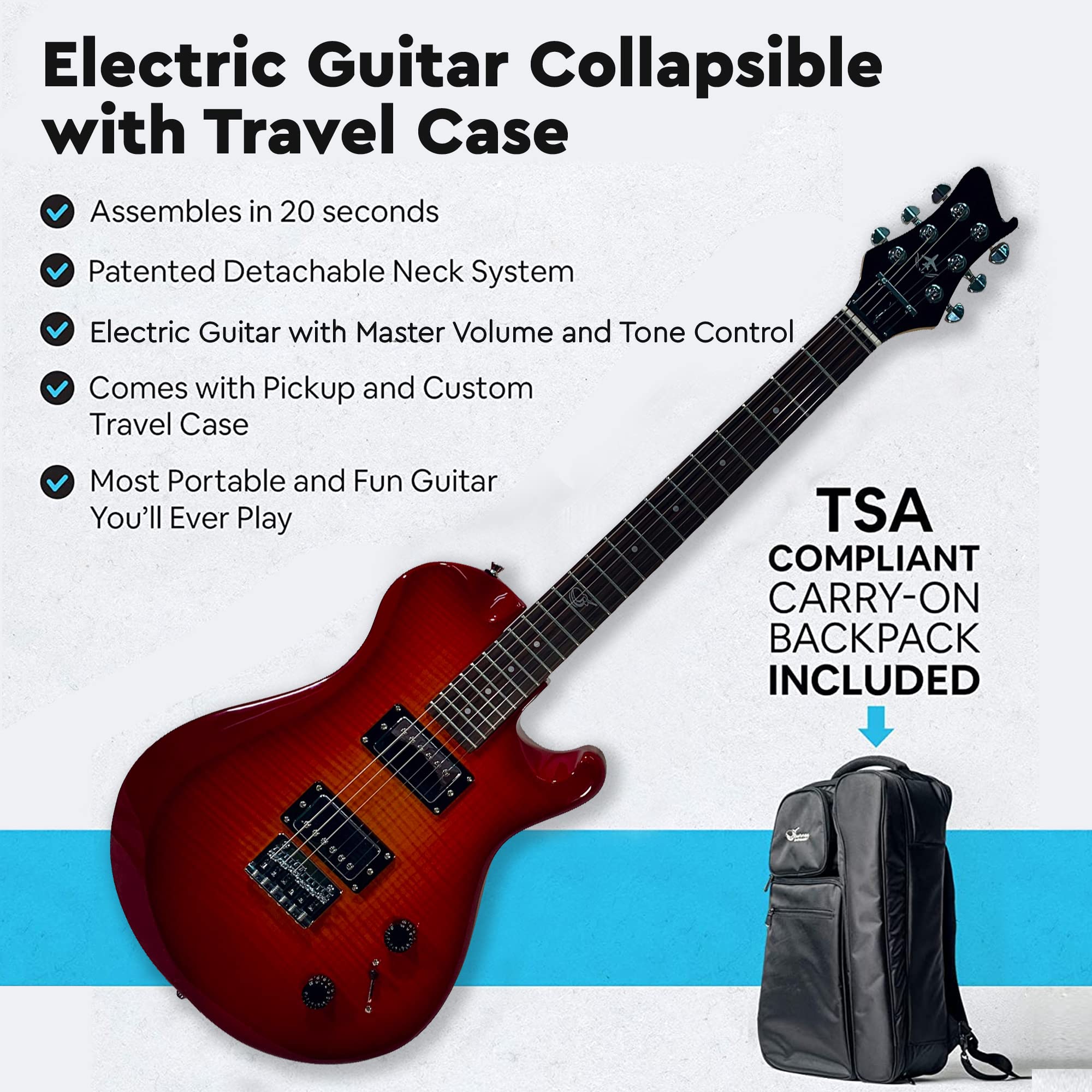 OE990CB Electric Travel Guitar with Collapsible Patented System - Portable Backpack Case (Cherry Sunburst) | Compact Electric Guitar for Musicians on the Go - Perfect for Travel, Camping & Busking
