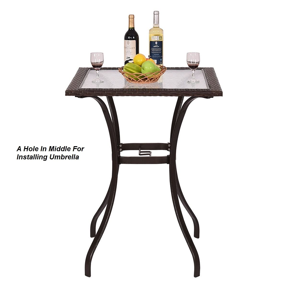 Premium Rattan Wicker Square Coffee Table with Tempered Glass Top & Umbrella Hole - Outdoor Patio, Garden, Poolside Furniture for Backyard, Lawn, or Indoor Decor - Perfect for Dining, Lounging & Entertaining