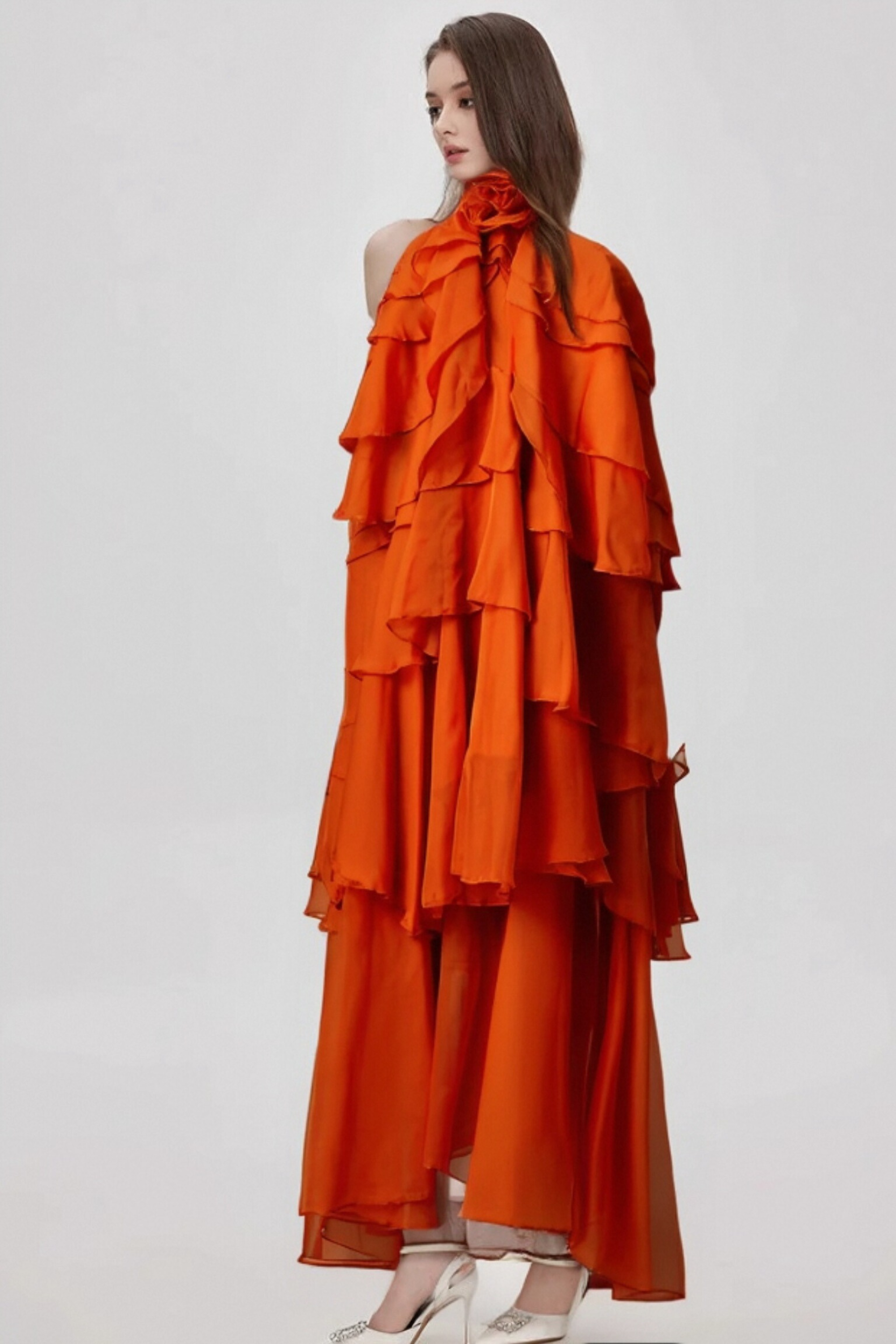 Carrie Orange Halterneck Flounced Maxi Dress - Women's Summer Beach Party Dress for Vacation & Evening Out
