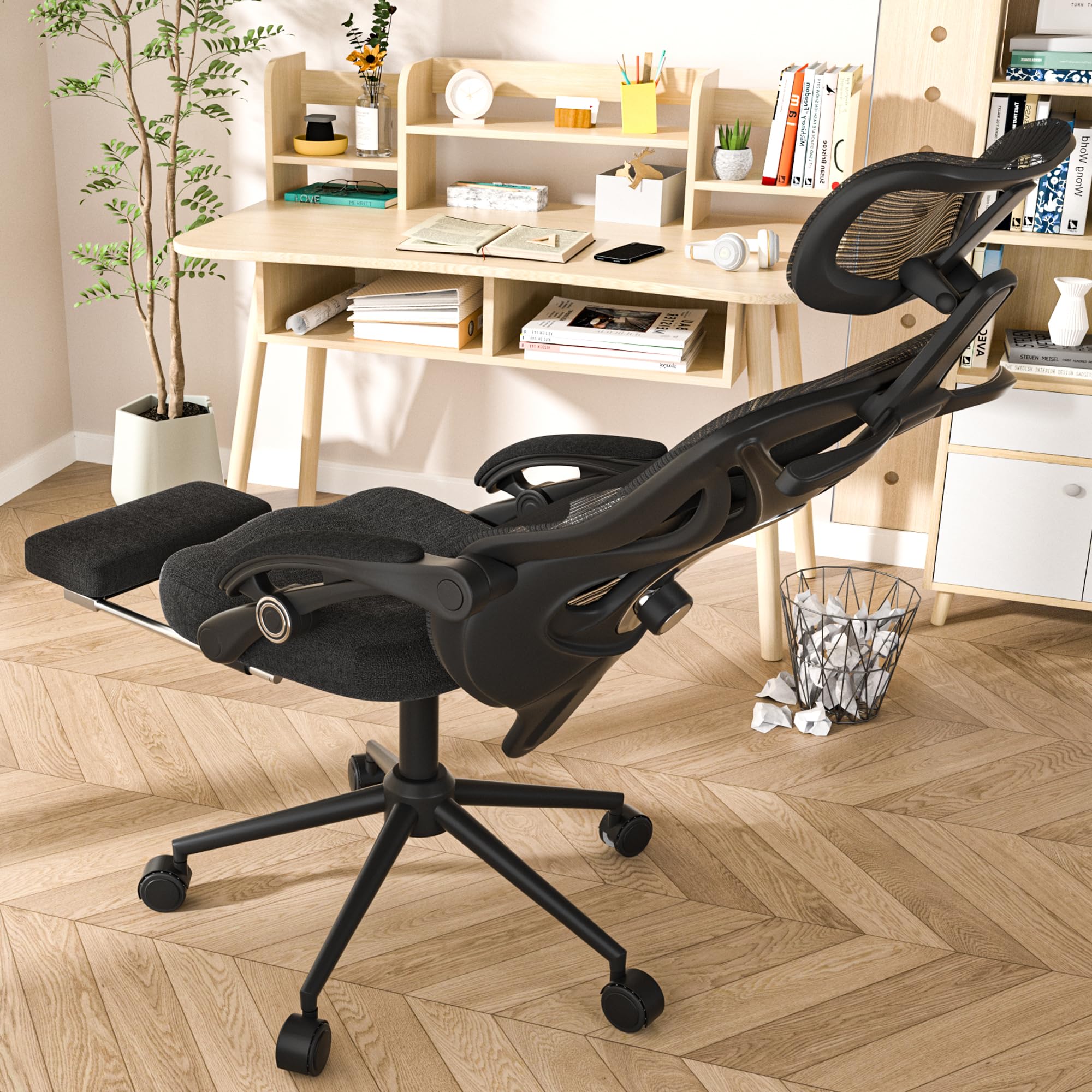 Ergonomic Office Desk Chair - High Back Mesh Computer Chair with Adjustable Lumbar Support & Headrest, Comfortable Executive Task Chair with Footrest - Perfect for Home Office, Gaming & Workspaces (Black, Modern Design)
