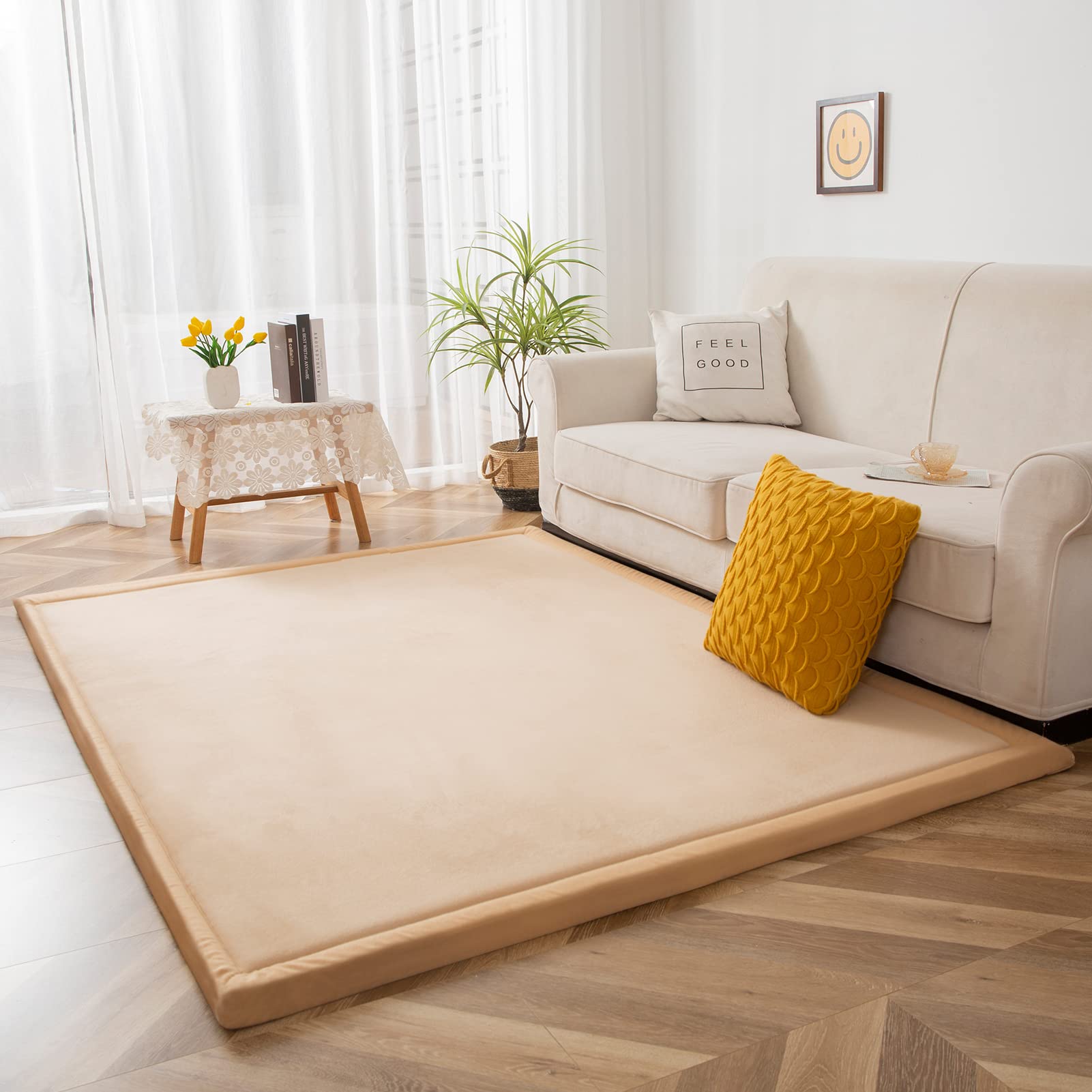 MAXYOYO Baby Play Mat - Soft Coral Velvet Thick Japanese Tatami Rug with Non-Slip Backing, Beige | Perfect for Nursery, Playroom & Kids' Floor Activities