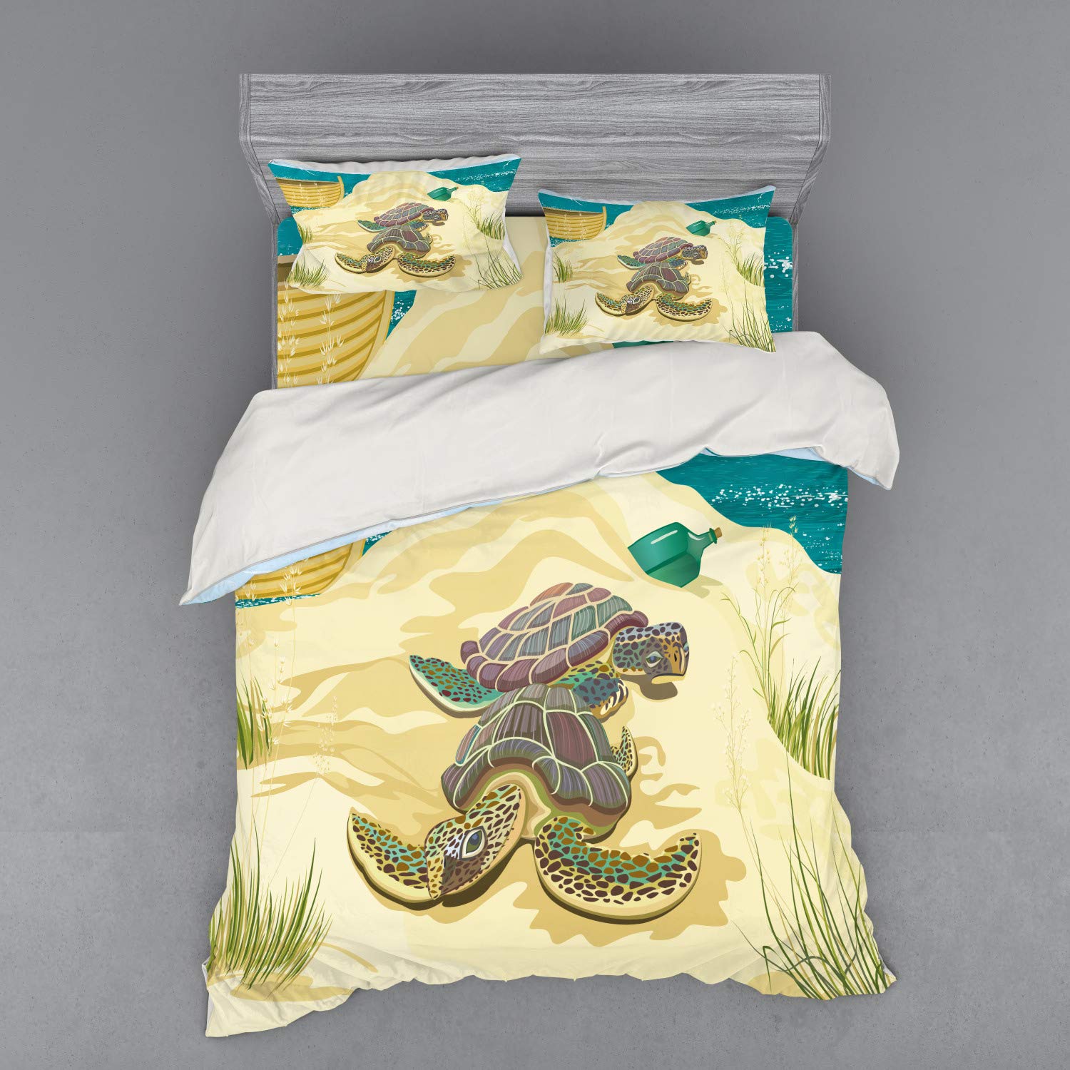 Ambesonne Queen Size Turtle Duvet Cover Set - 4 Piece Bedding with 2 Sea Turtles Design, Sandy Beach & Boat Illustration, Pale Yellow Green Teal - Perfect for Coastal Themed Bedrooms & Summer Beach House Decor