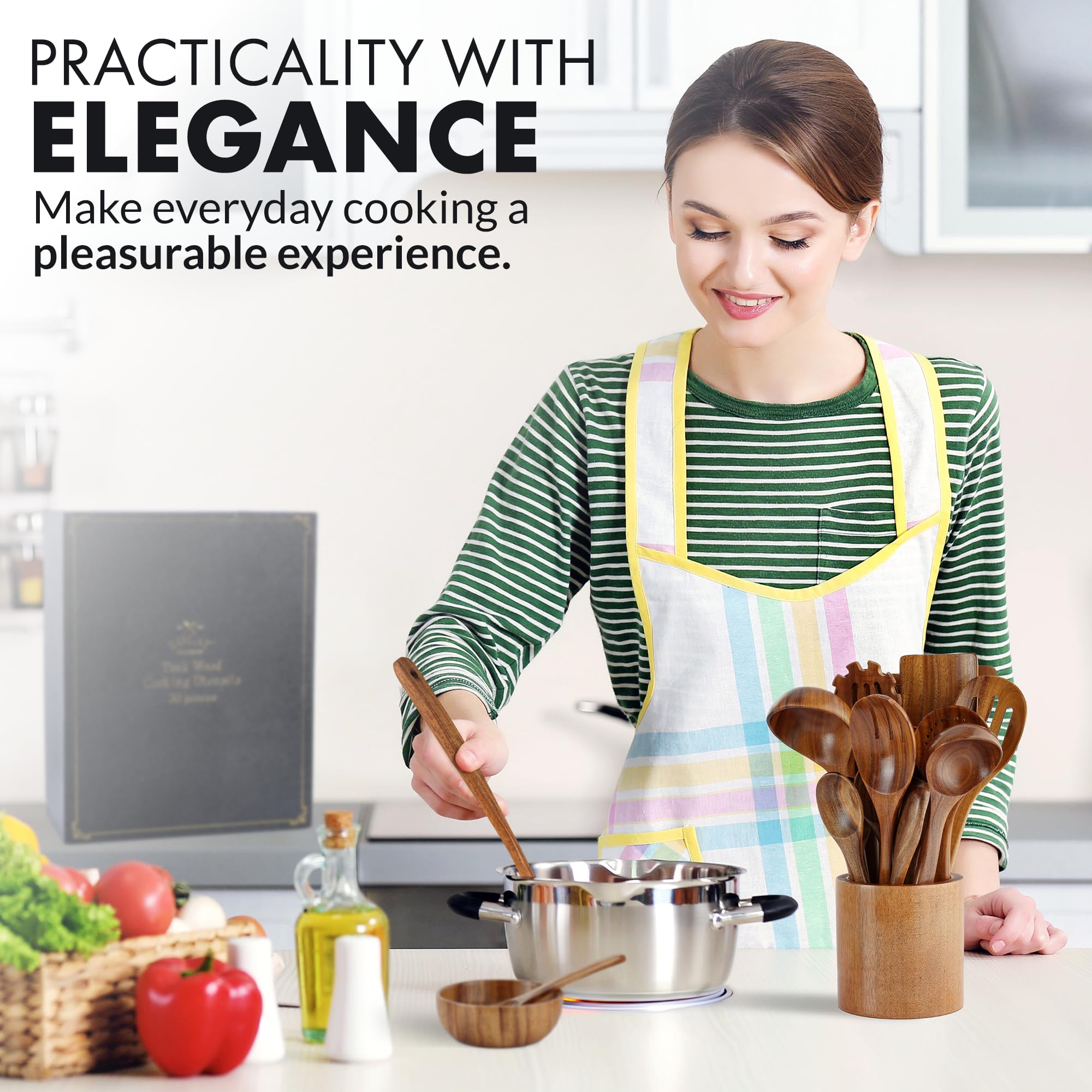 Premium 30-Piece Teak Wooden Kitchen Utensil Set with Gift Box - Natural Non-Stick Cooking Spoons & Tools - Ergonomic Grip for Comfortable Use - Perfect for Home Chefs, Wedding Gifts & Housewarming Presents