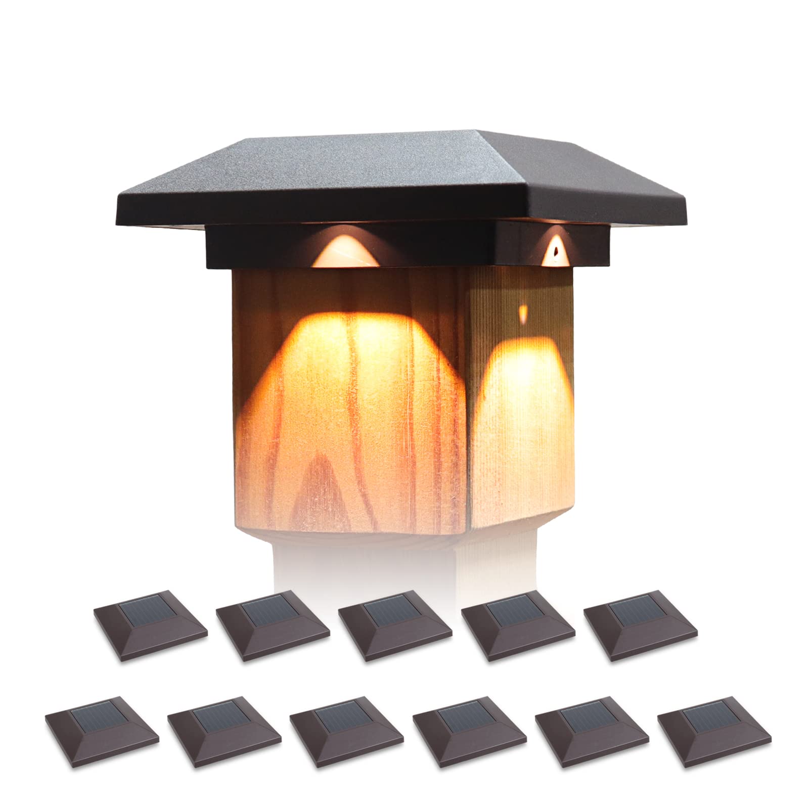 Kemeco 12 Pack Black Solar Post Cap Lights for 4x4 Wood Posts - Waterproof Outdoor LED Fence Lights with Warm White Lighting - Solar Powered Deck & Stair Post Lights (3.7x3.7 Inches) - Perfect for Garden, Patio, Pathway, and Backyard Fence Lighting