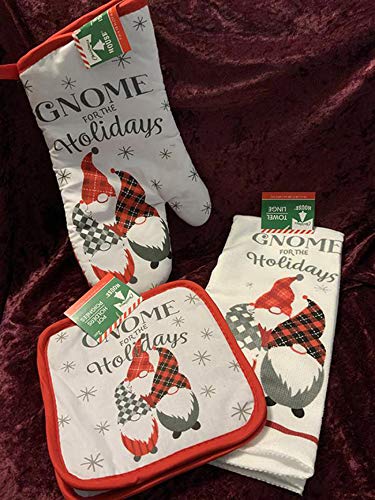 Festive Christmas Gnome Kitchen Set - 2 Printed Towels, 2 Pot Holders & 1 Oven Mitt - Adorable Holiday Decor for Home - Perfect Gift for Christmas & Housewarming - Ideal for Cooking, Baking & Kitchen Decorating