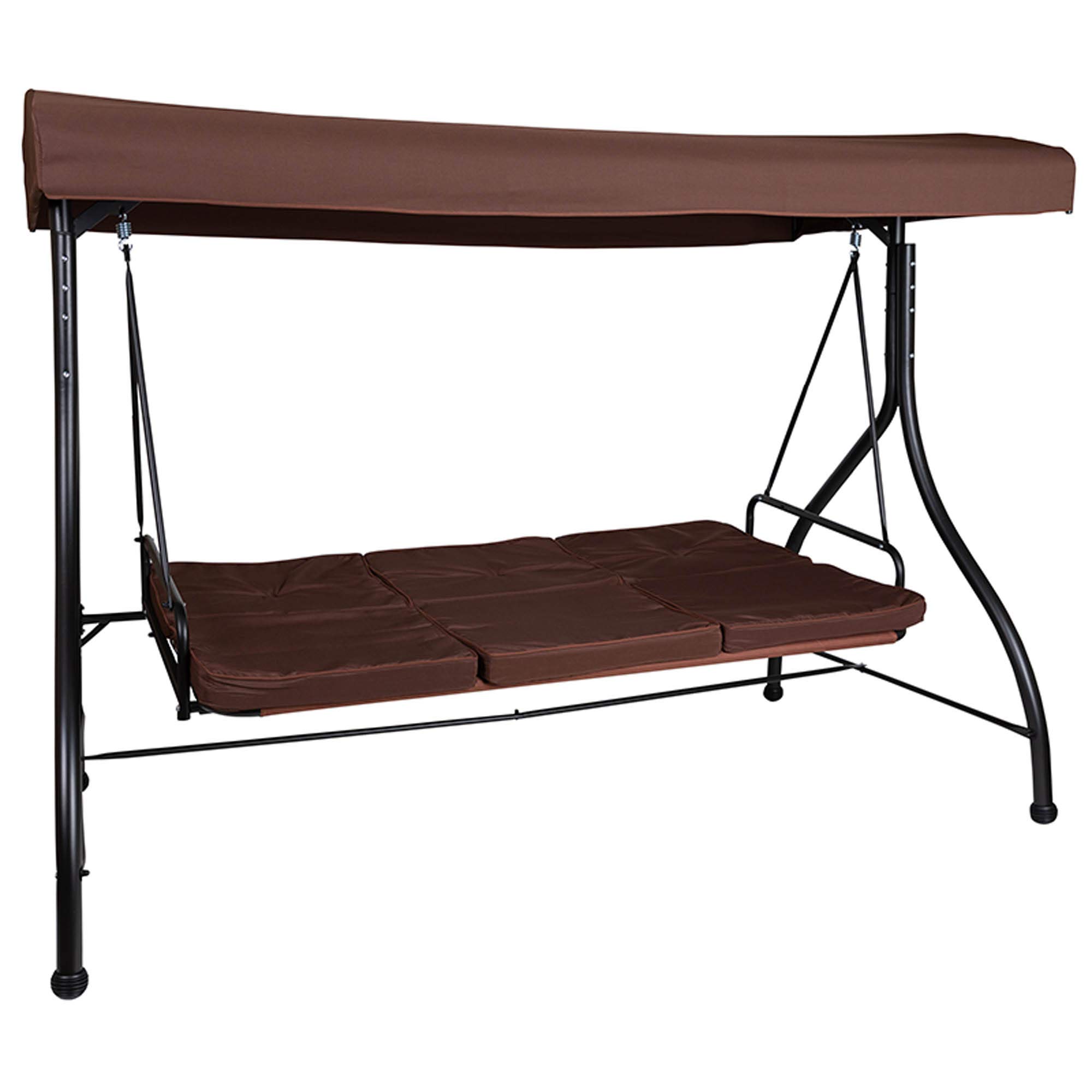Flash Furniture Tellis 3-Seat Outdoor Steel Patio Swing with Canopy & Cushions - Convertible Hammock Swing Bed in Brown - Perfect for Backyard, Garden, and Poolside Relaxation