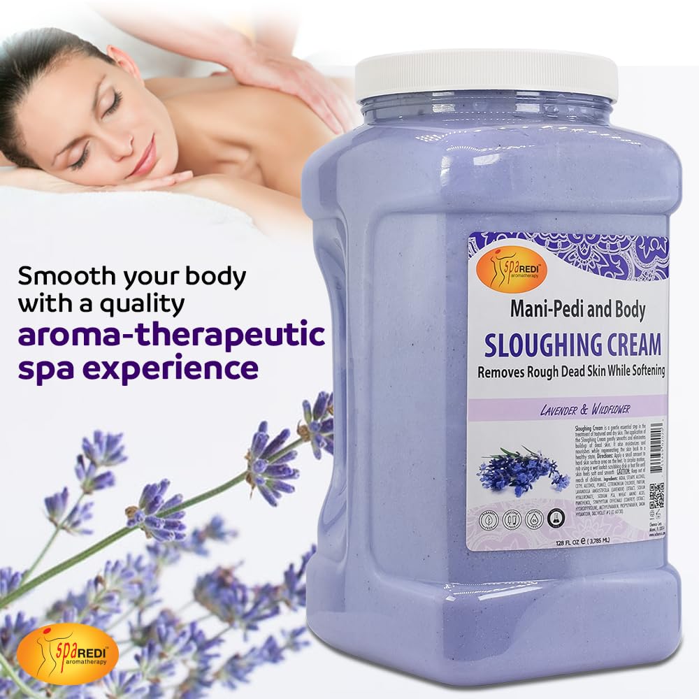 SPA REDI - Lavender & Wildflower Foot Cream & Exfoliating Lotion (128 Oz) - Moisturizing Pedicure Treatment for Dry Cracked Feet - Gentle Scrub & Massage Care - Perfect for Home Spa & Professional Salon Use