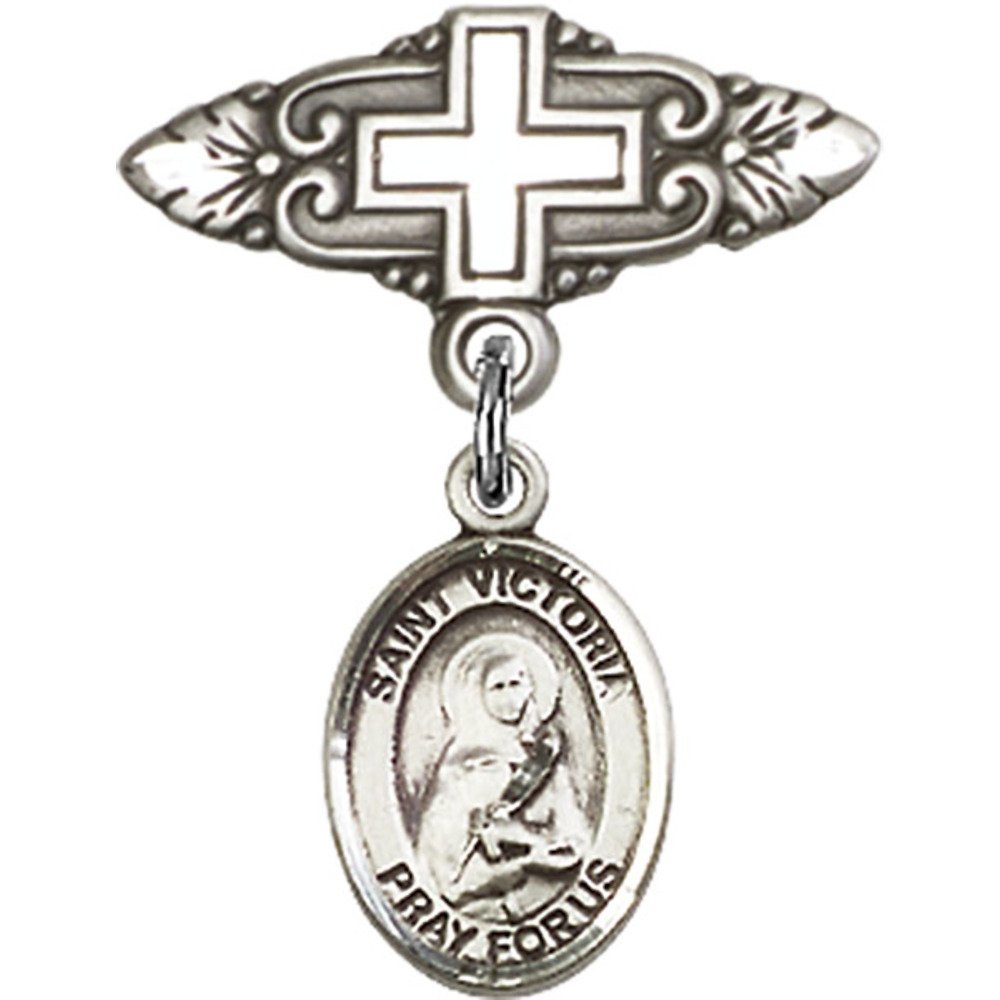St. Victoria Sterling Silver Baby Badge with Cross Charm - 1 x 3/4 Inch Religious Pin for Christening, Baptism & First Communion Gifts