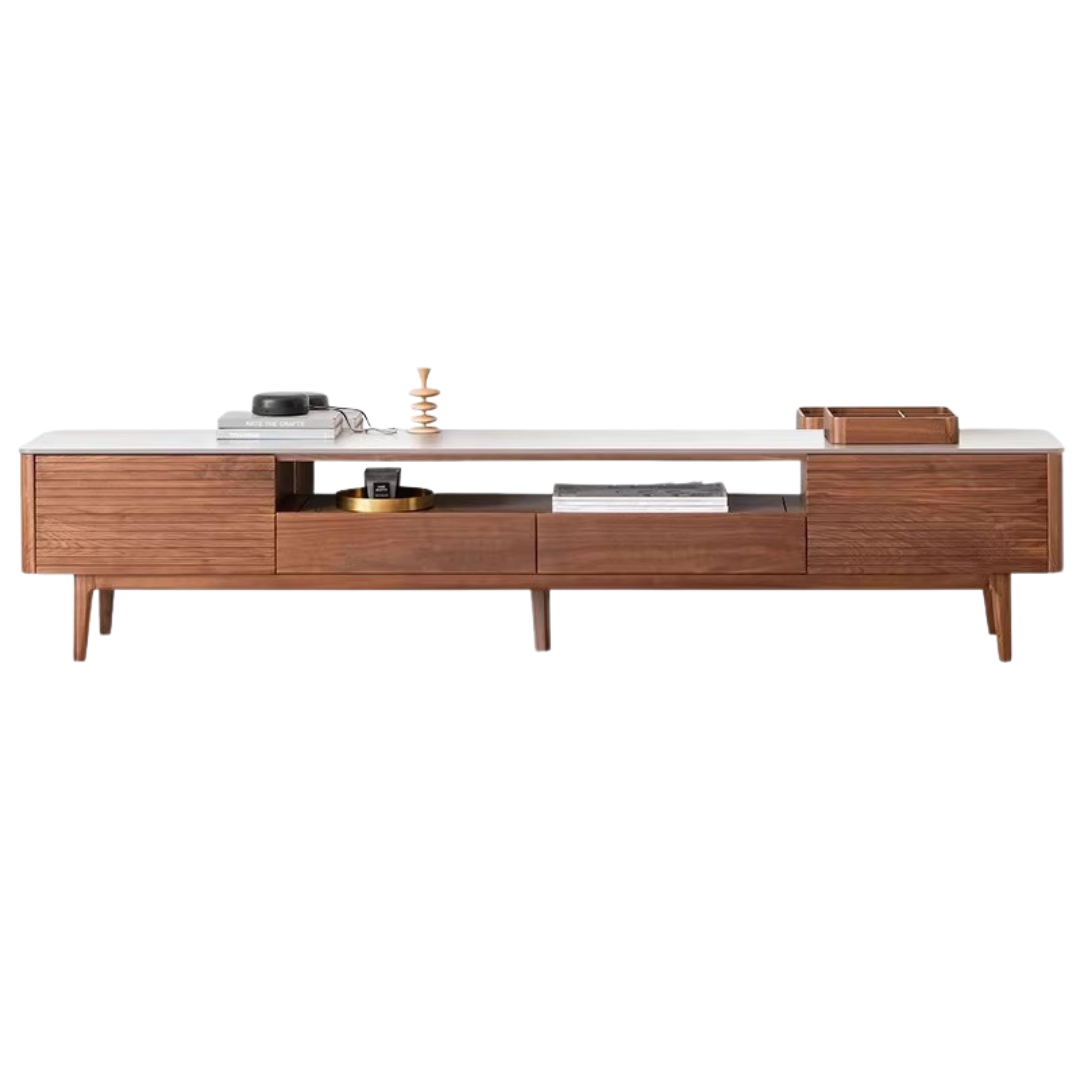 Black Walnut Solid Wood TV Stand with Slate Top - Rustic Modern Entertainment Center for Living Room, Bedroom & Home Theater