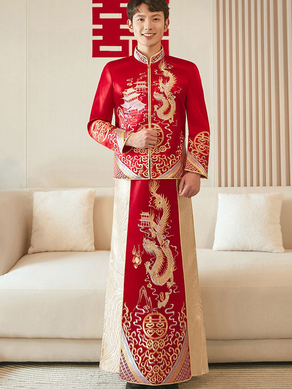 Colorblock Dragon Embroidered Qun Kwa Wedding Jacket & Skirt Set - Traditional Chinese Bridal Dress for Tea Ceremony & Reception