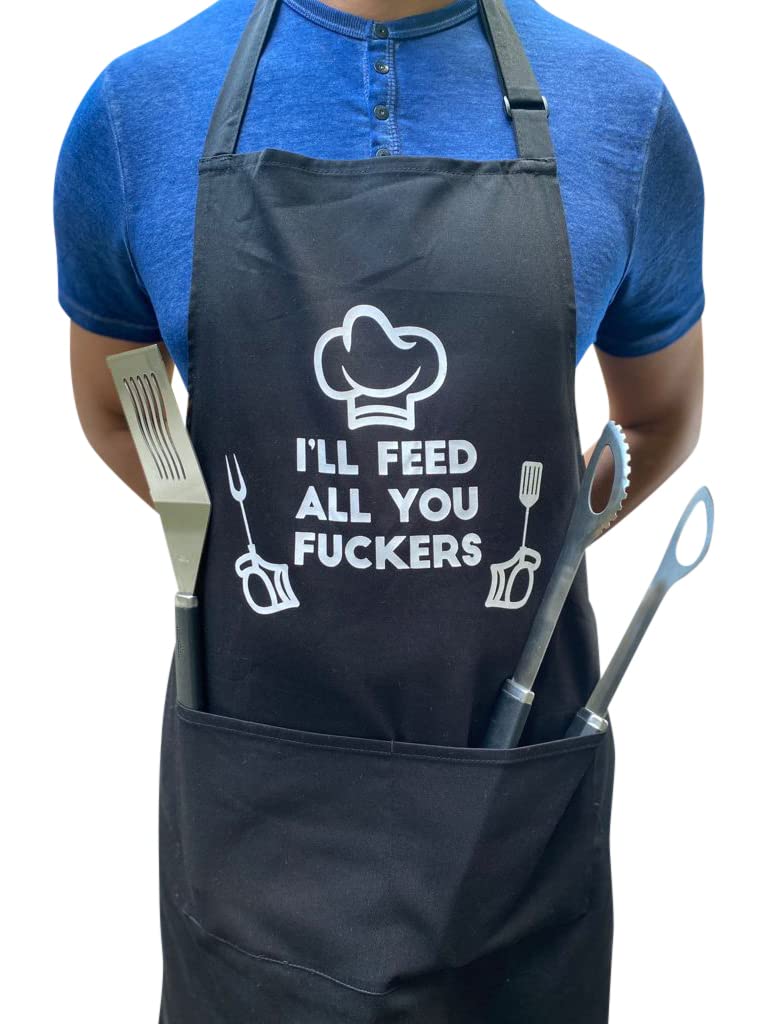 Funny Kitchen Apron with Oven Mitt Set - Premium Cotton Adjustable Apron for Men & Women with 2 Large Pockets - Perfect Dad Gifts & Cooking Accessories for BBQ, Baking, and Grilling