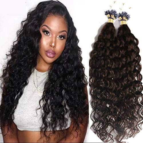 100% Human Hair Extensions - Deep Curly Micro Loop Ring Hair, 100 Strands, Brazilian Hair, Machine Made, Natural Brown Color (18 Inch, Jet Black) for Styling, Volume & Length - Perfect for Parties, Weddings & Everyday Wear