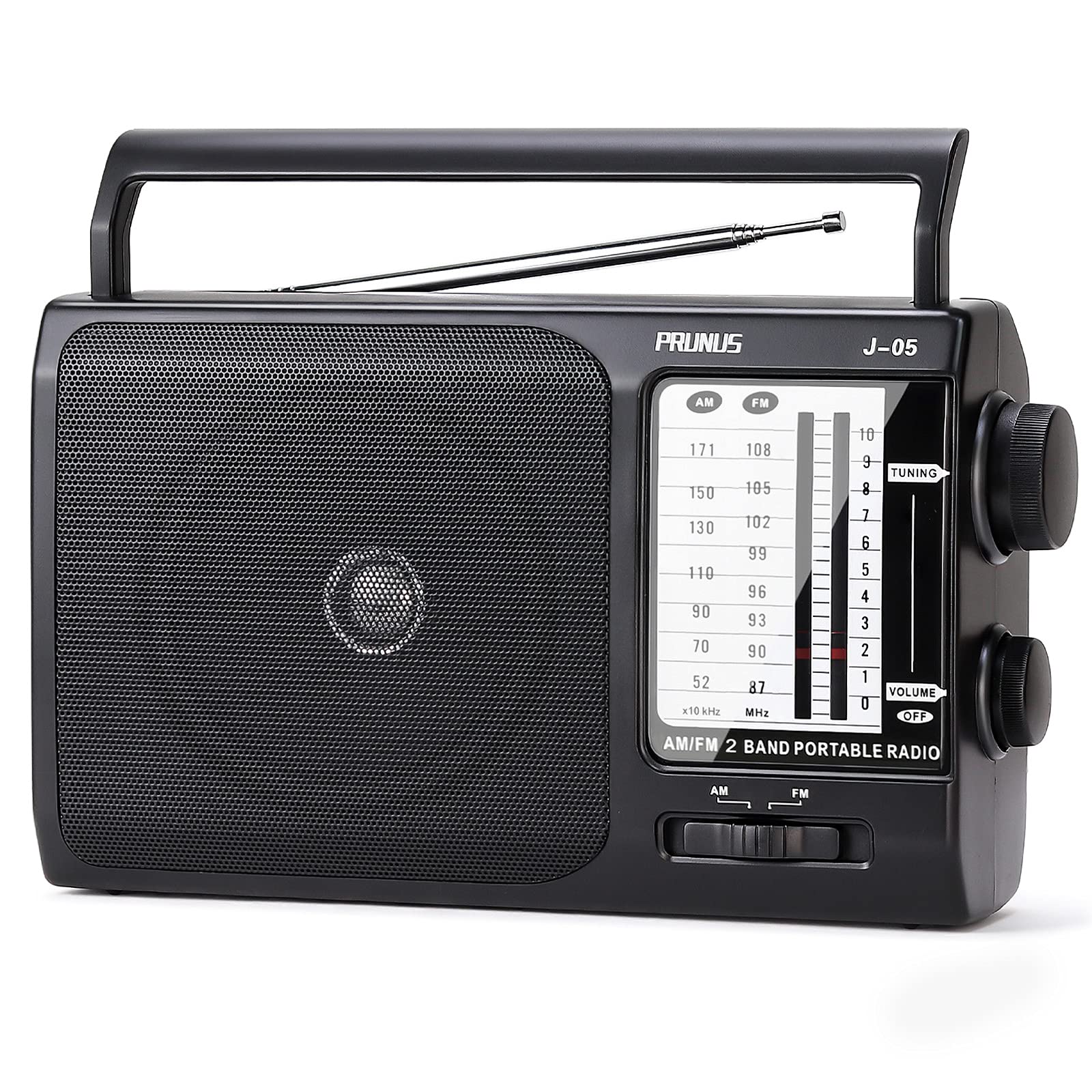PRUNUS J-05 Portable AM/FM Radio with Strong Reception - Battery Operated (3 D Cell) or AC Power - Compact Transistor Radio for Home, Office, Emergency & Outdoor Use - Black