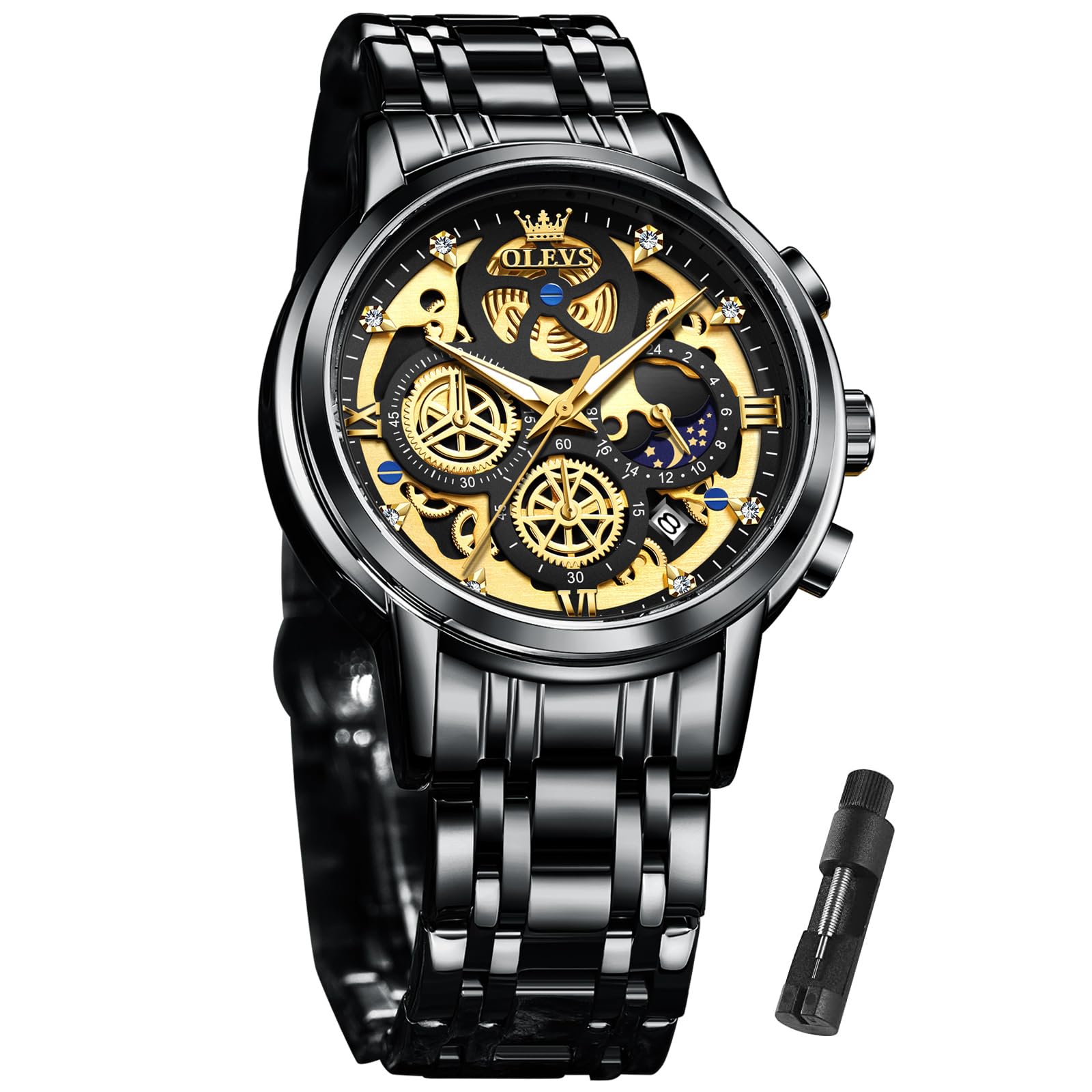 OLEVS Men's Skeleton Stainless Steel Chronograph Watch - Waterproof Analog Wristwatch with Date Display | Luxury Business Dress Watch for Men (Blue/Black/Gold/White) | Perfect for Office, Formal Events & Everyday Wear