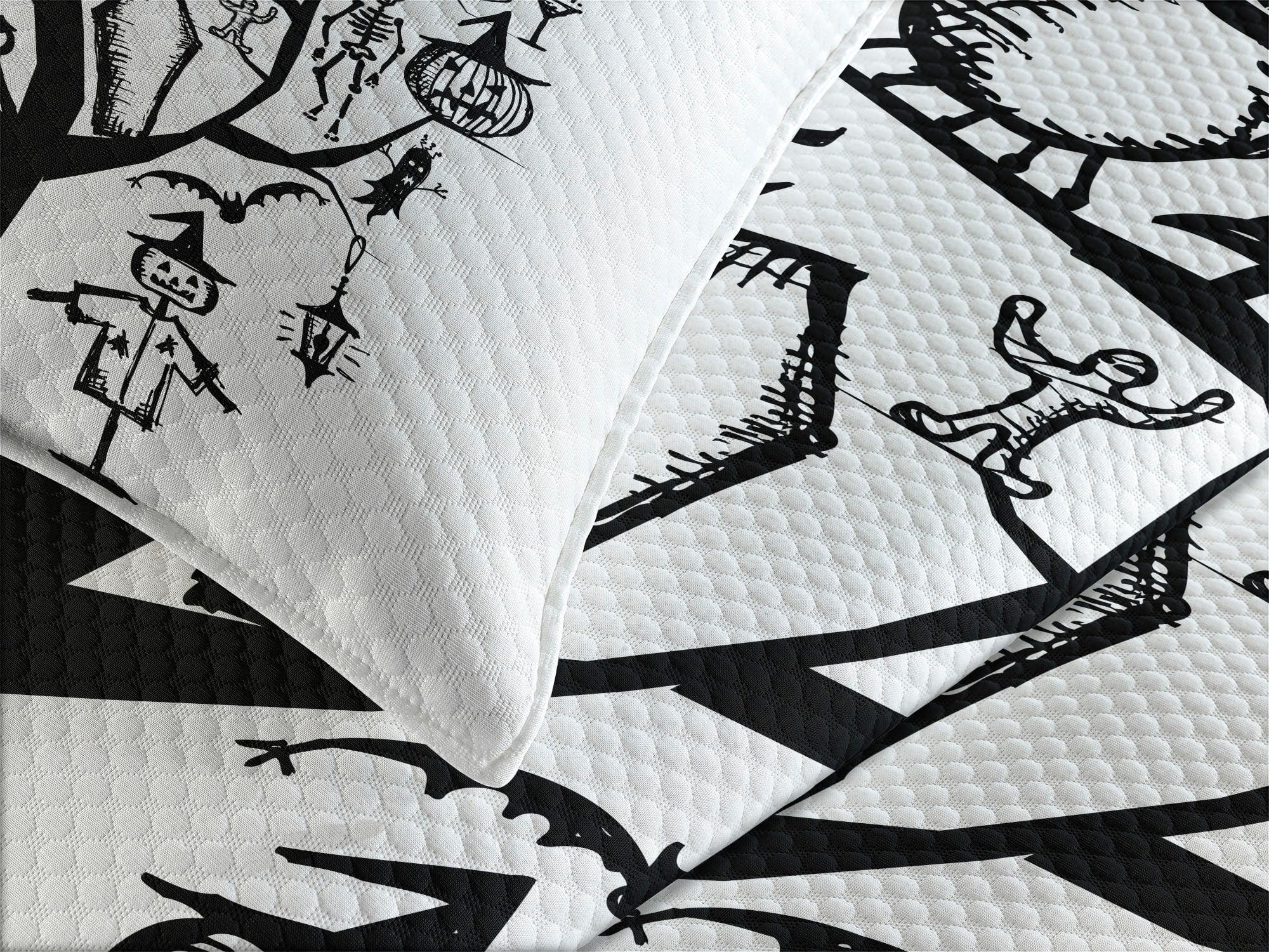 Ambesonne Halloween Bedspread Set - Spooky Tree & Witch Broom Abstract Design, 3-Piece King Size Bedding with 2 Pillow Shams (Black & White) | Perfect for Halloween Decor, Themed Parties & Gothic Home Decor
