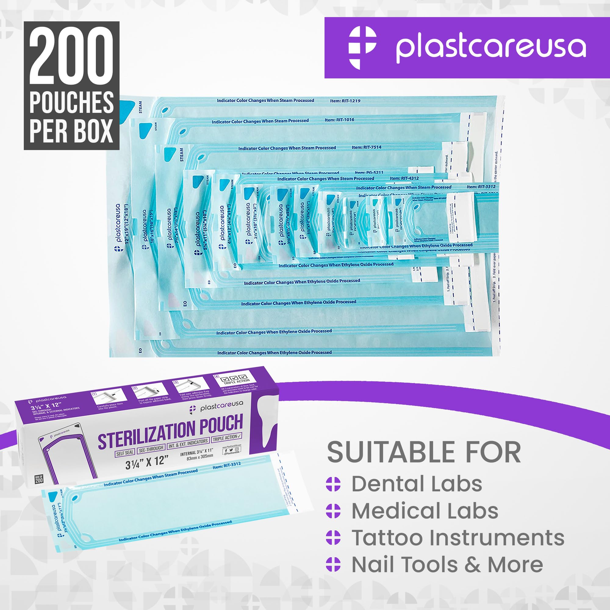 200 Pack 3.25 x 12 Inch Dental Autoclave Sterilization Pouches - Self-Sealing Sterilizer Bags for Dentist Tools, Surgical Instruments & Cleaning Equipment (1 Box) - Perfect for Dental Clinics, Hospitals & Medical Offices