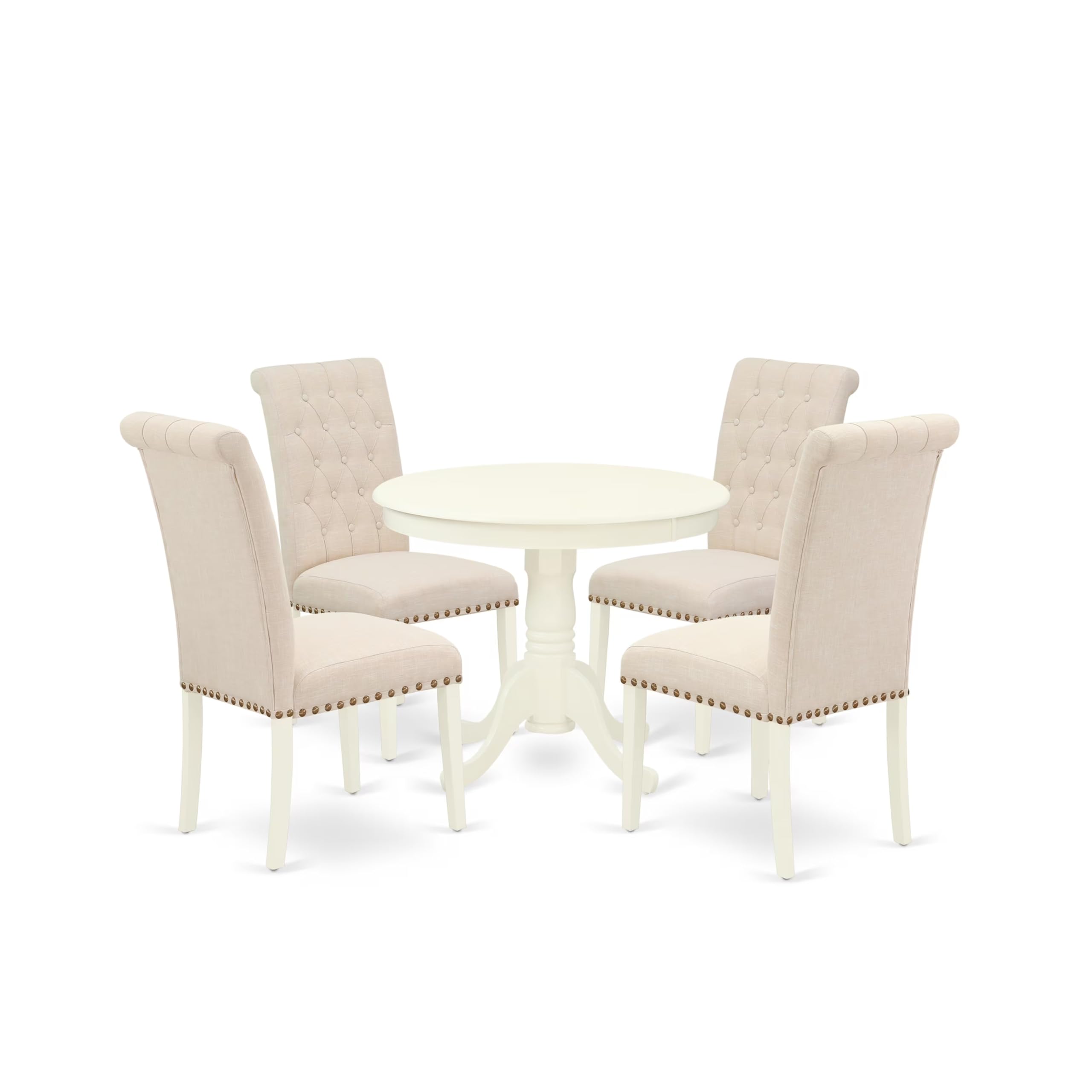 East West Furniture ANBR5-LWH-02 5-Piece Round Dining Table Set with Pedestal Base & 4 Light Beige Linen Parsons Chairs, 36x36 Inch, Linen White - Perfect for Small Kitchen, Breakfast Nook, and Apartment Dining Spaces