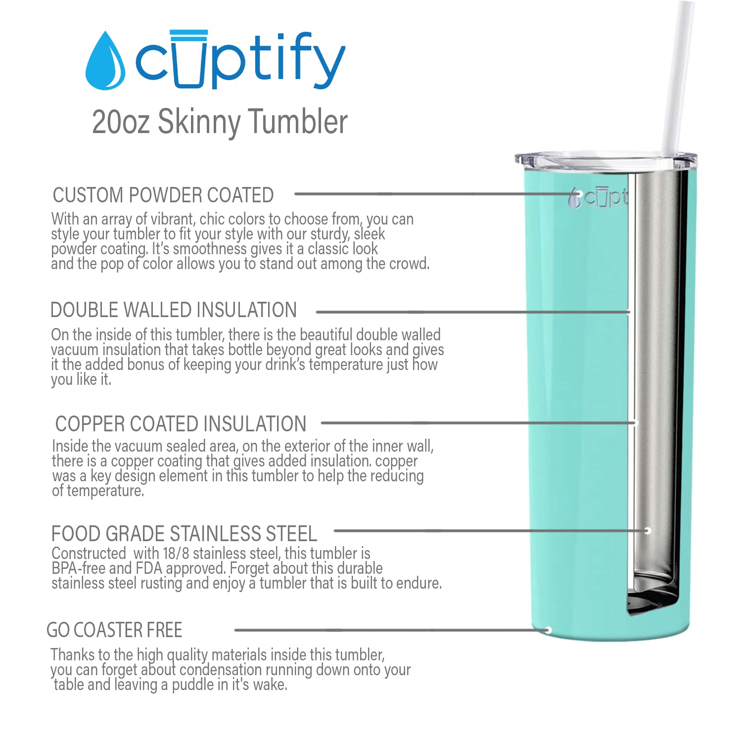 Cuptify 20 oz Stainless Steel Vacuum Insulated Travel Mug with Lid - Seafoam Gloss Finish, Double Wall Insulation for Hot & Cold Drinks - Perfect for Commuting, Office, Hiking and Outdoor Activities