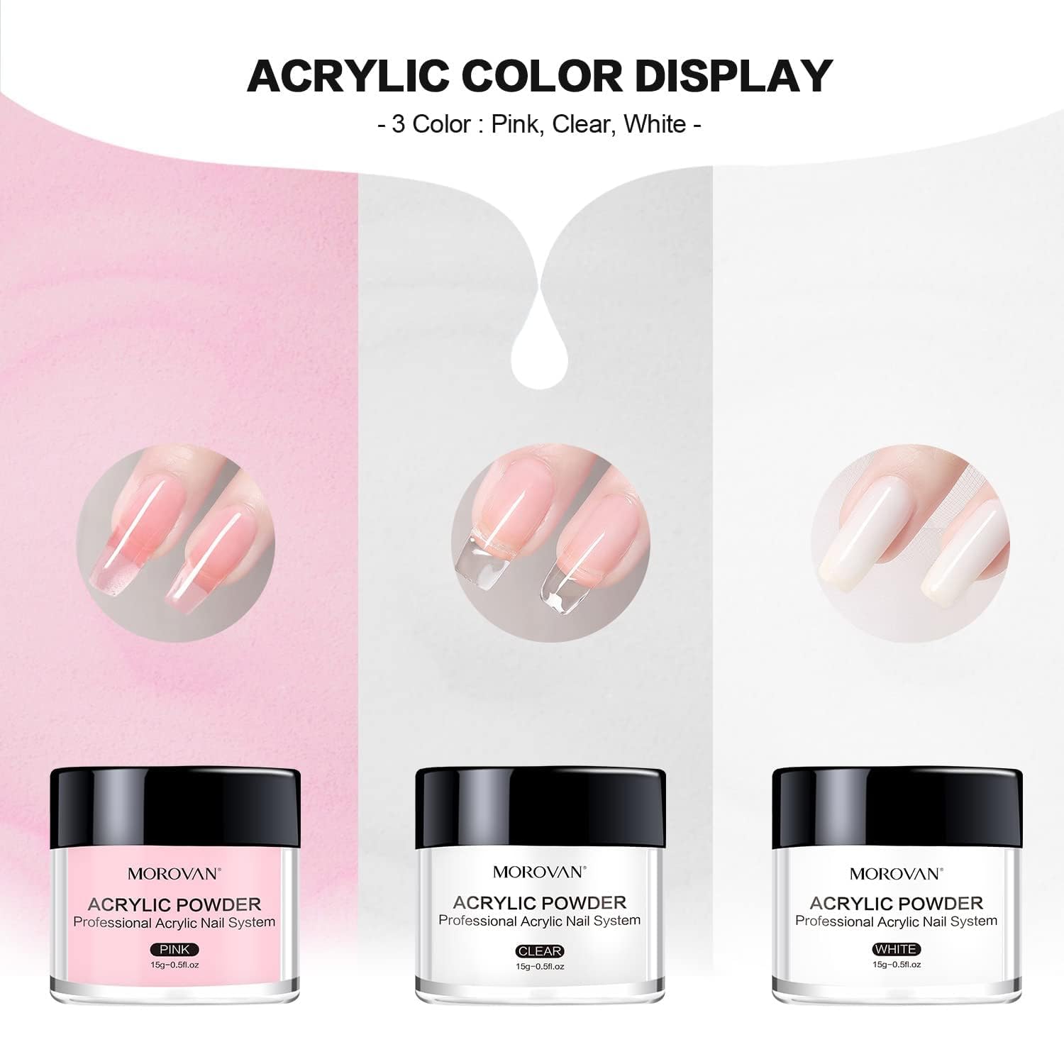 Morovan Professional Acrylic Nail Kit - Clear, Pink & White Acrylic Powder with Liquid Set for DIY Nail Extensions | Beginner-Friendly Home Manicure Kit with Nail Brush | Perfect for Salon-Quality Nails at Home, Parties & Special Occasions