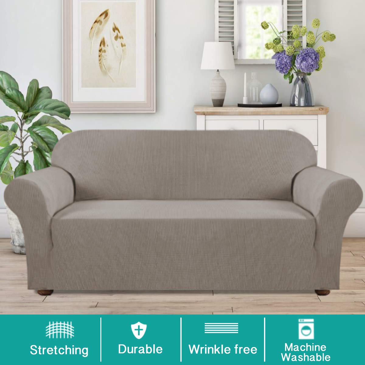 Turquoise Jacquard Stretch Sofa Slipcover - 3 Cushion Couch Cover with Elastic Bottom, 1-Piece Pet-Friendly Furniture Protector for Living Room (Taupe) | Perfect for Home Decor, Pet Owners & Sofa Protection