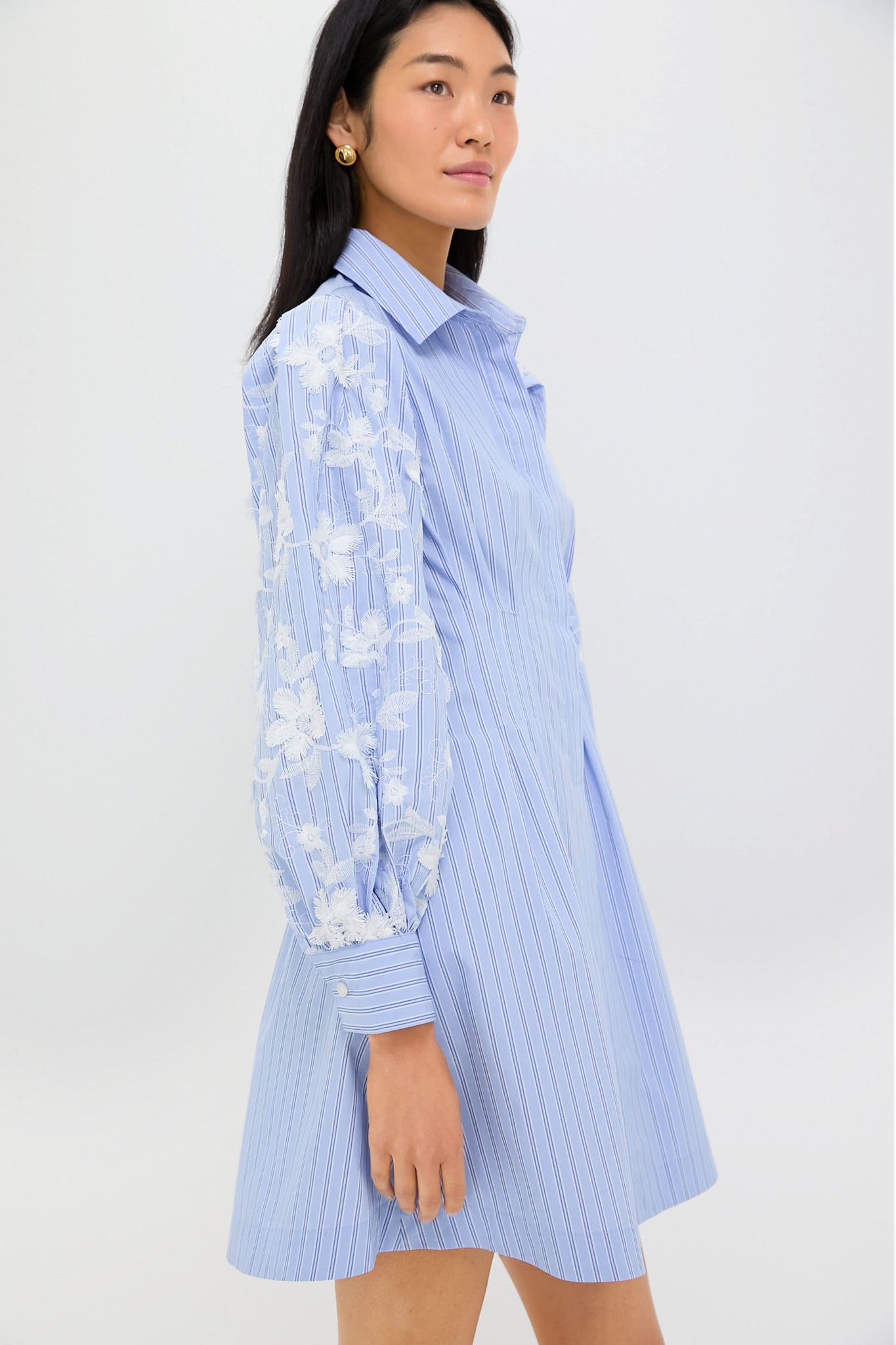 Blue Stripe Embroidery Mini Corinne Dress - Floral Summer Dress for Women, Perfect for Beach Vacation, Garden Party & Date Night Outfits