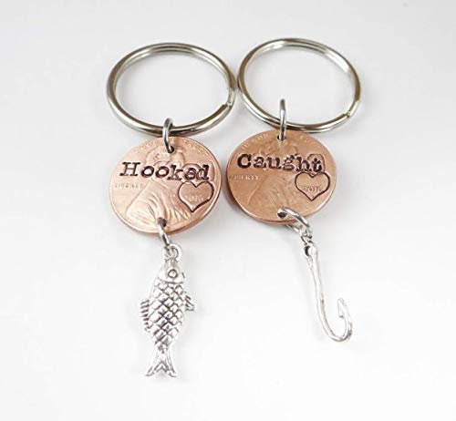 Romantic Couples Penny Keychain Set - Hooked & Caught Love Keyrings for Him & Her - Perfect Anniversary Gift for Couples, Valentine's Day Present