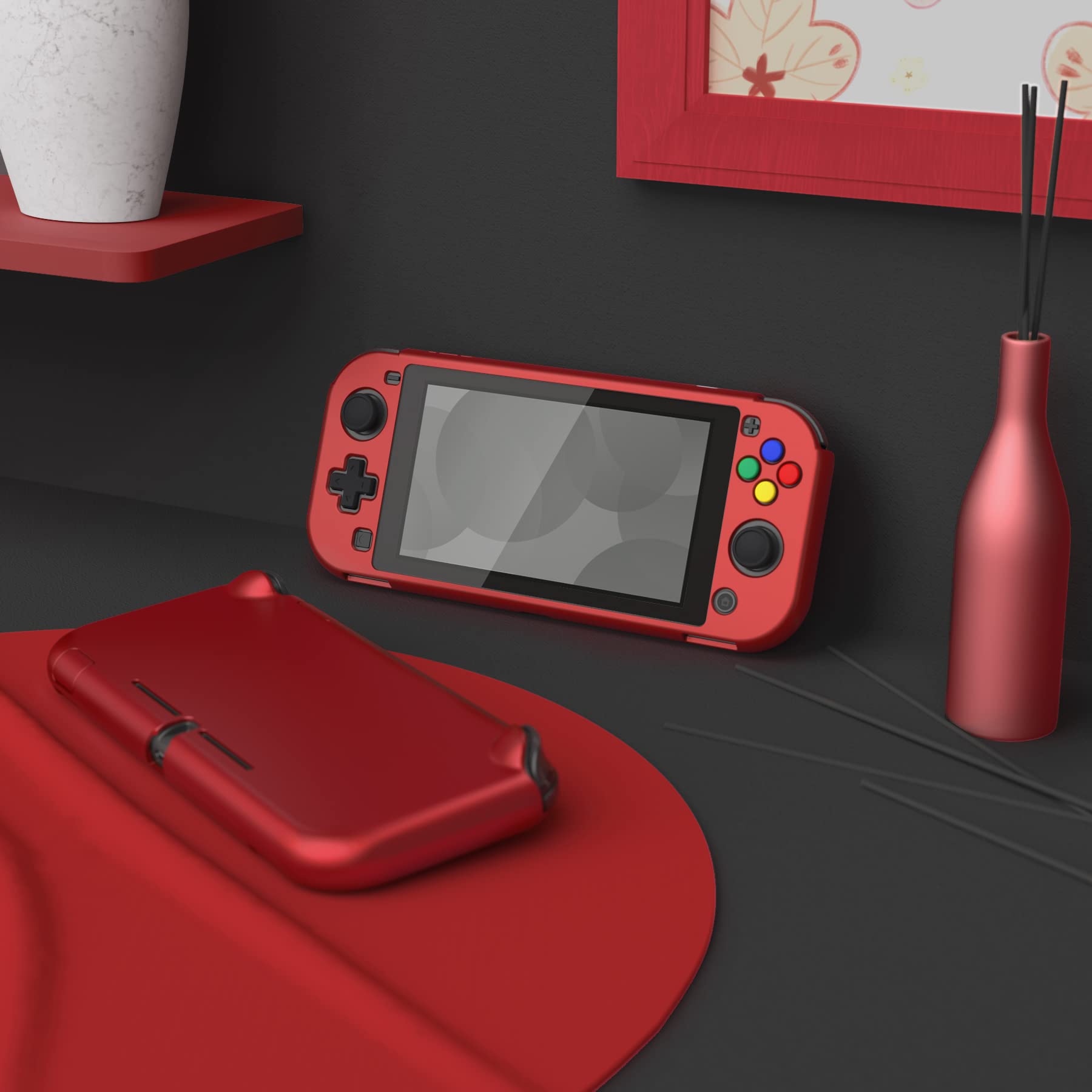 eXtremeRate PlayVital Custom Protective Grip Case for Nintendo Switch Lite - Scarlet Red Hard Shell Cover with Tempered Glass Screen Protector (Black Border) | Enhanced Gaming Comfort & Protection for Travel & Long Play Sessions