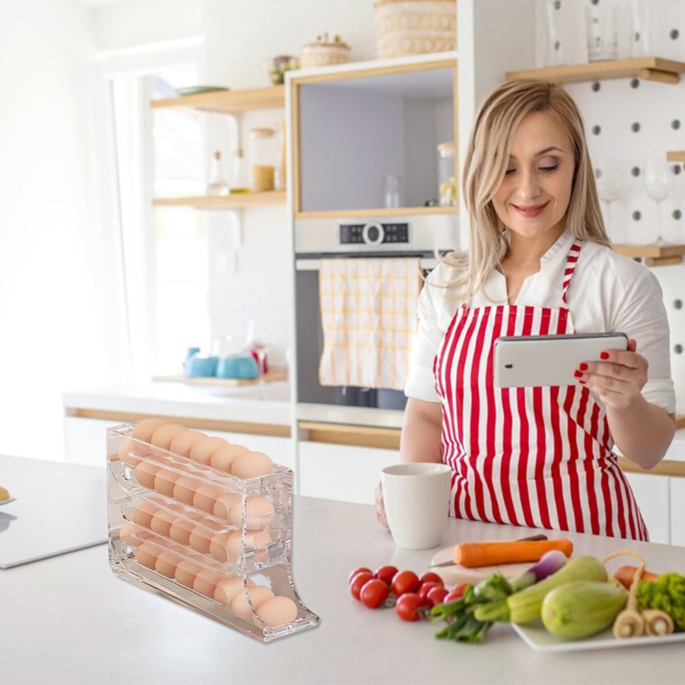 2024 Auto Rolling 4-Tier Fridge Egg Holder Organizer - Large Capacity Space-Saving Egg Dispenser Storage Rack for Kitchen Refrigerator (Grey) | Perfect for Fresh Egg Storage & Organization in Home, Restaurant, or Cafe